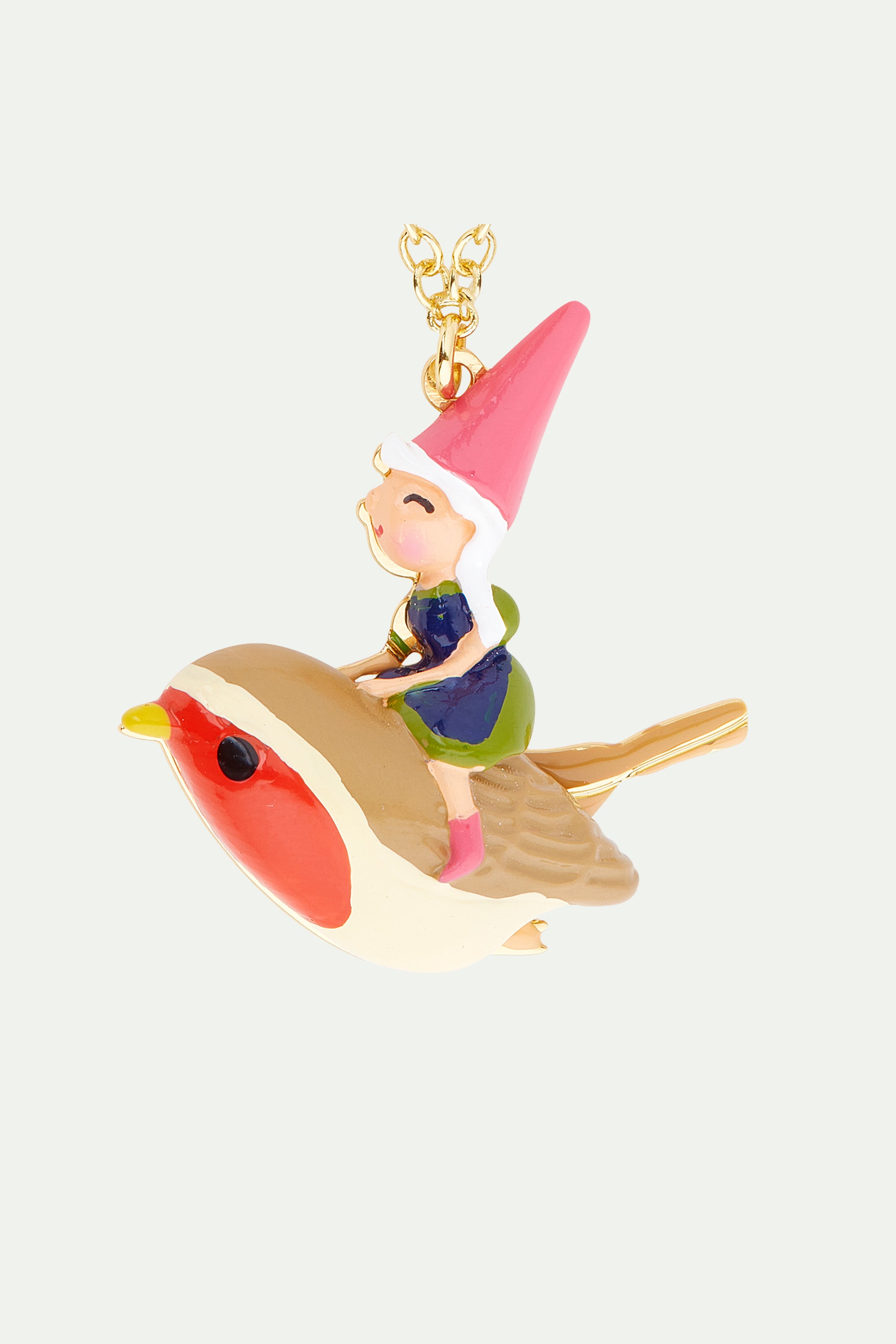 Garden gnome lady and bird riding pendant necklace