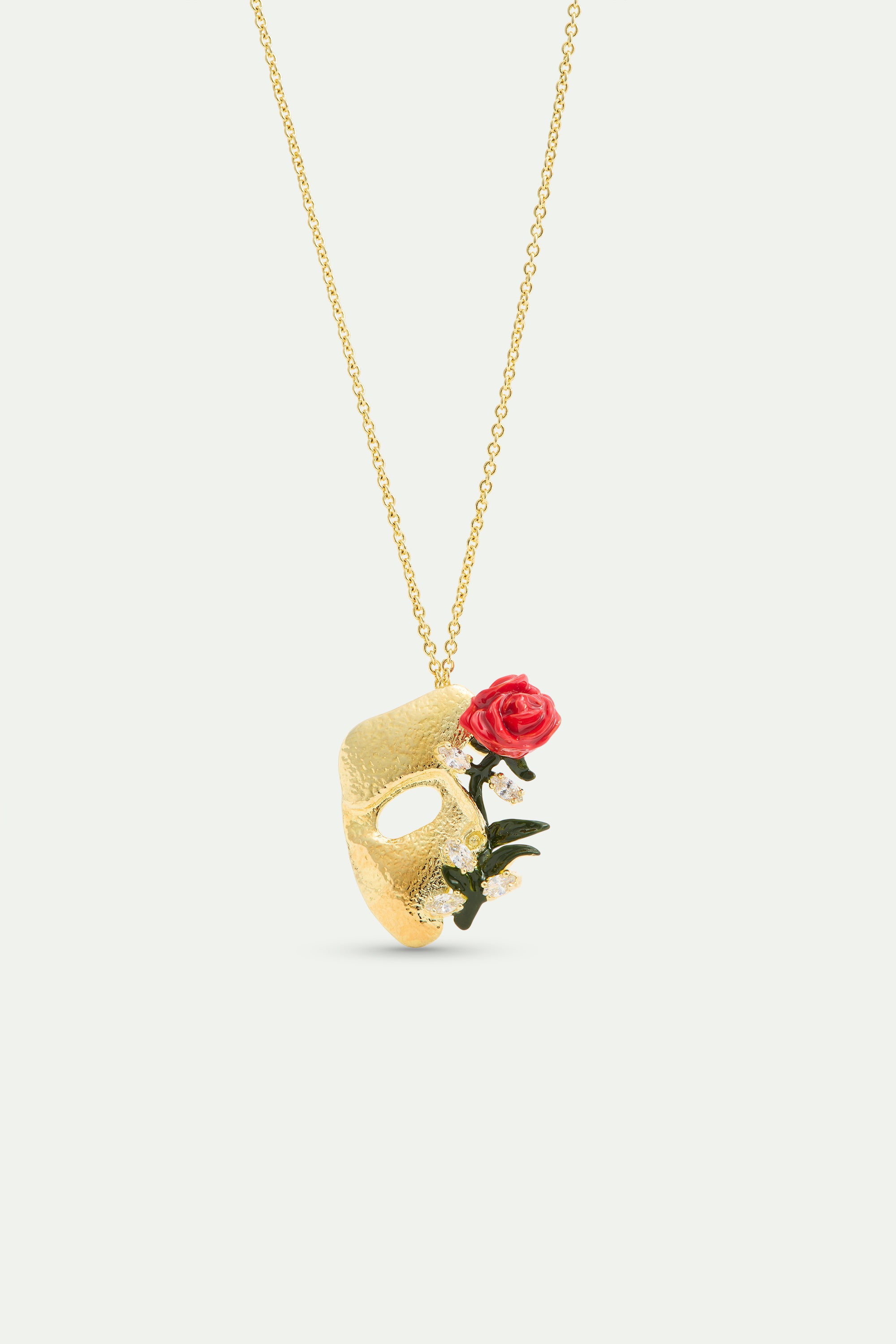 Gold mask, rose and crystal pendant necklace