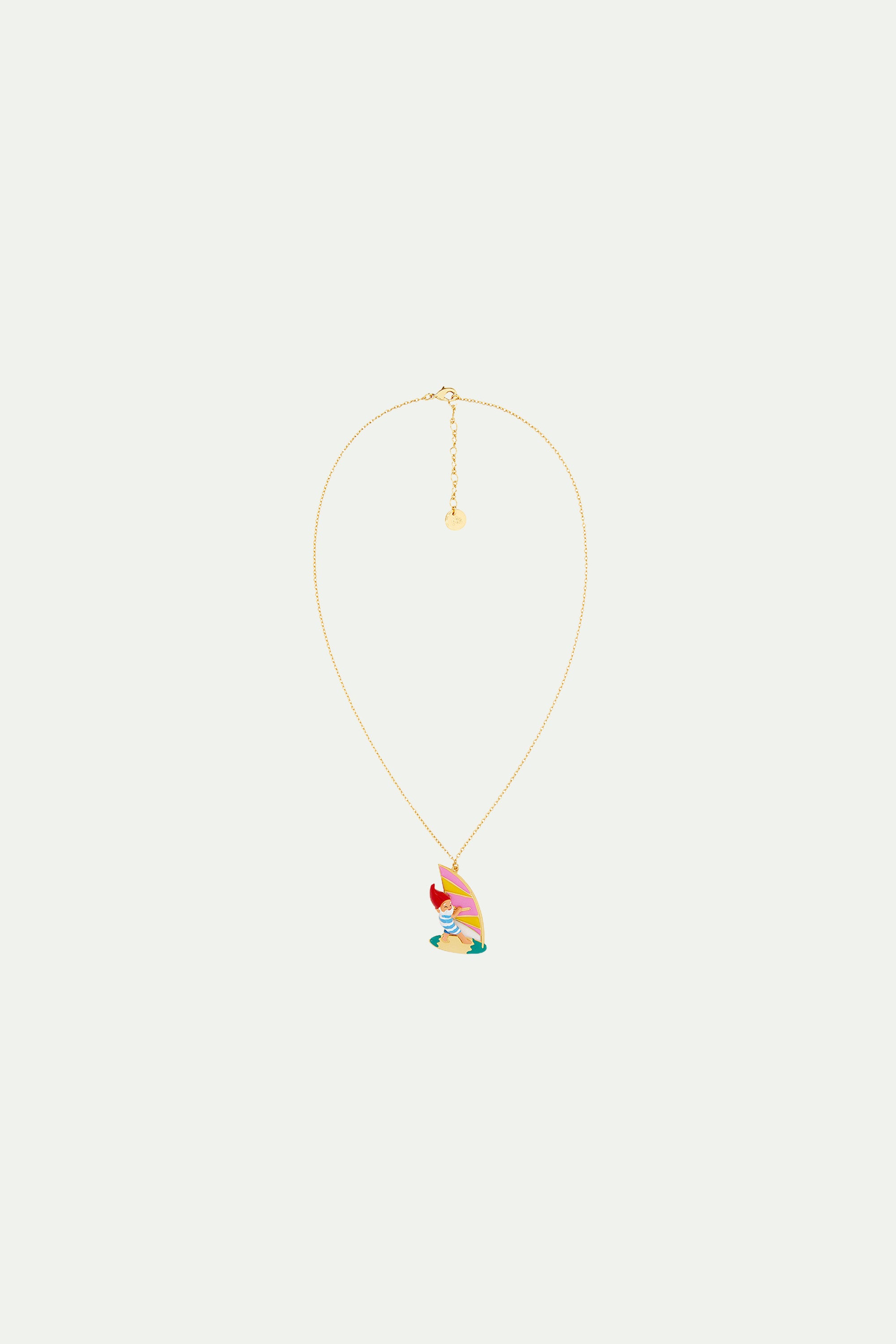 Surfing garden gnome pendant necklace