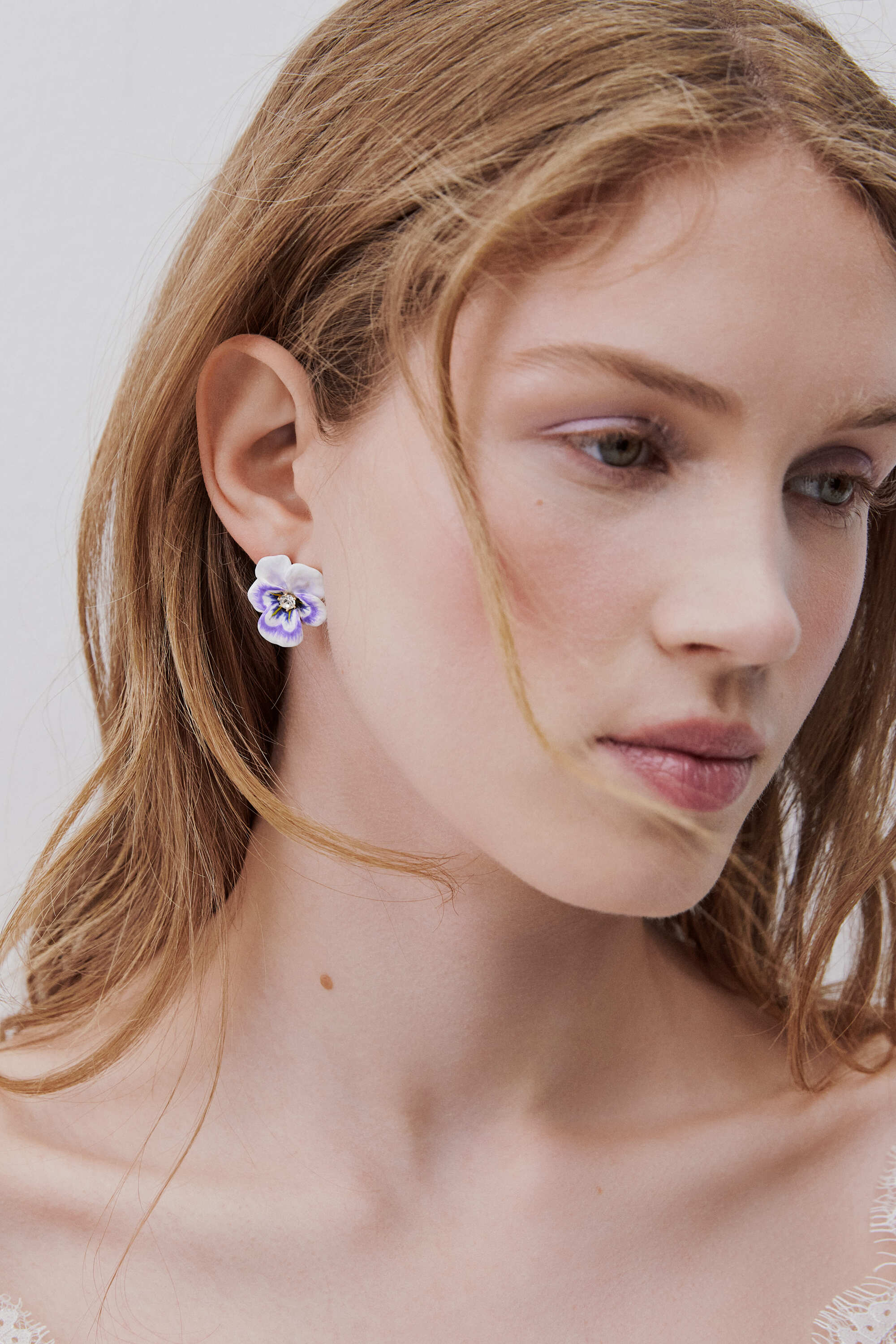 Purple pansy and cut crystal earrings