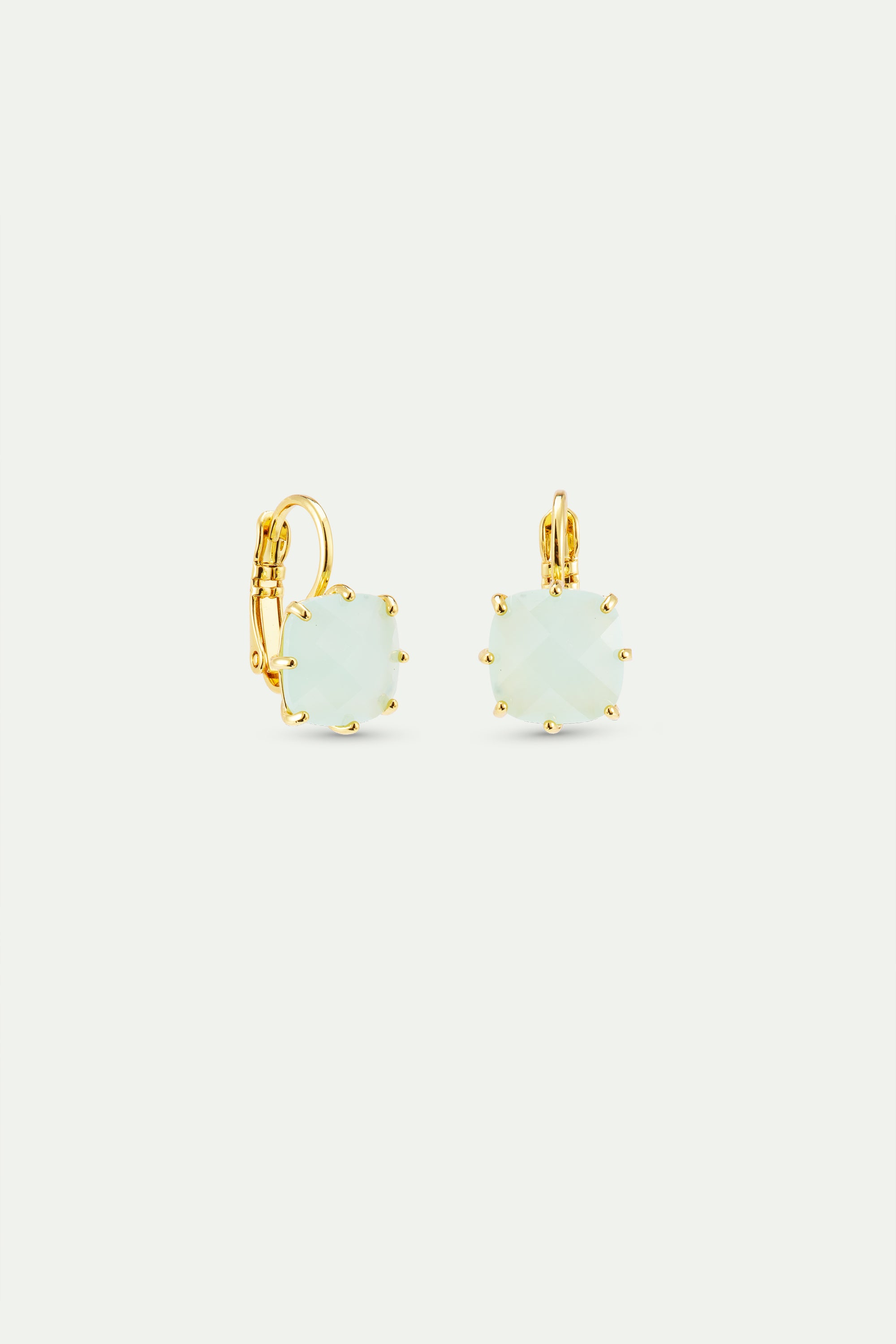 Diamantine sleeper earrings with square sea green stones