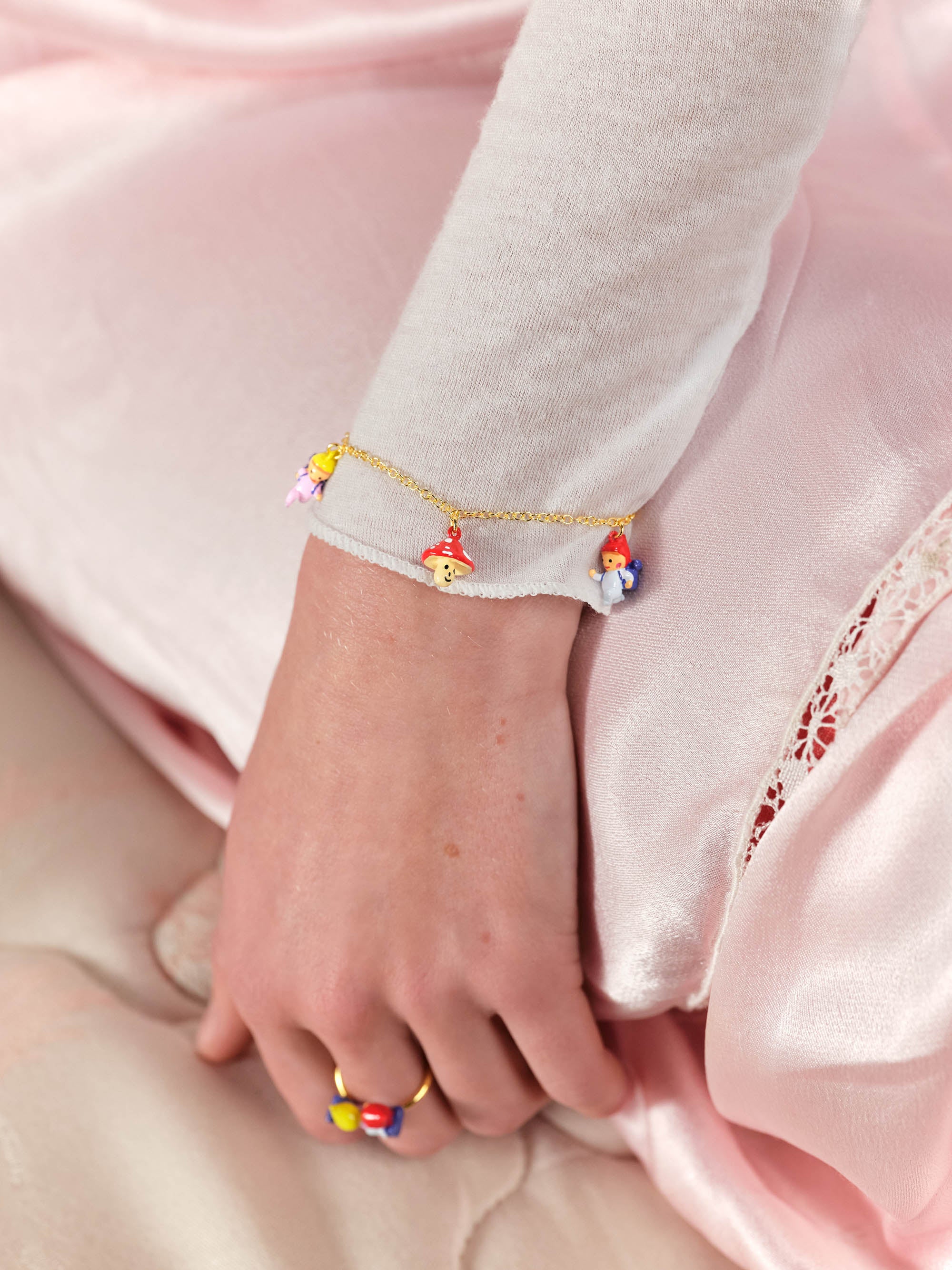 Hiking garden gnome children and mushroom charm bracelet