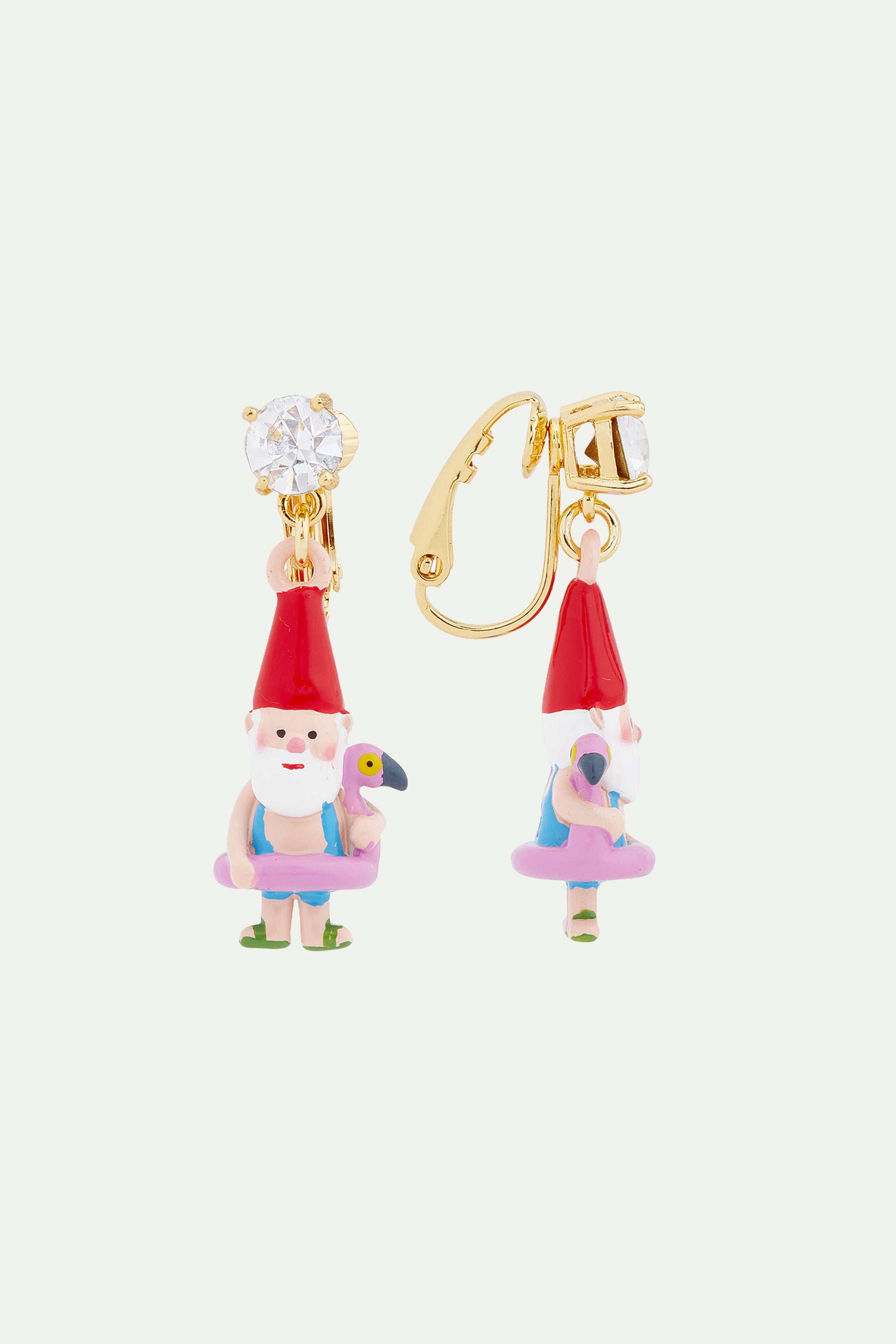 Garden gnome and inflatable pink flamingo clip-on earrings
