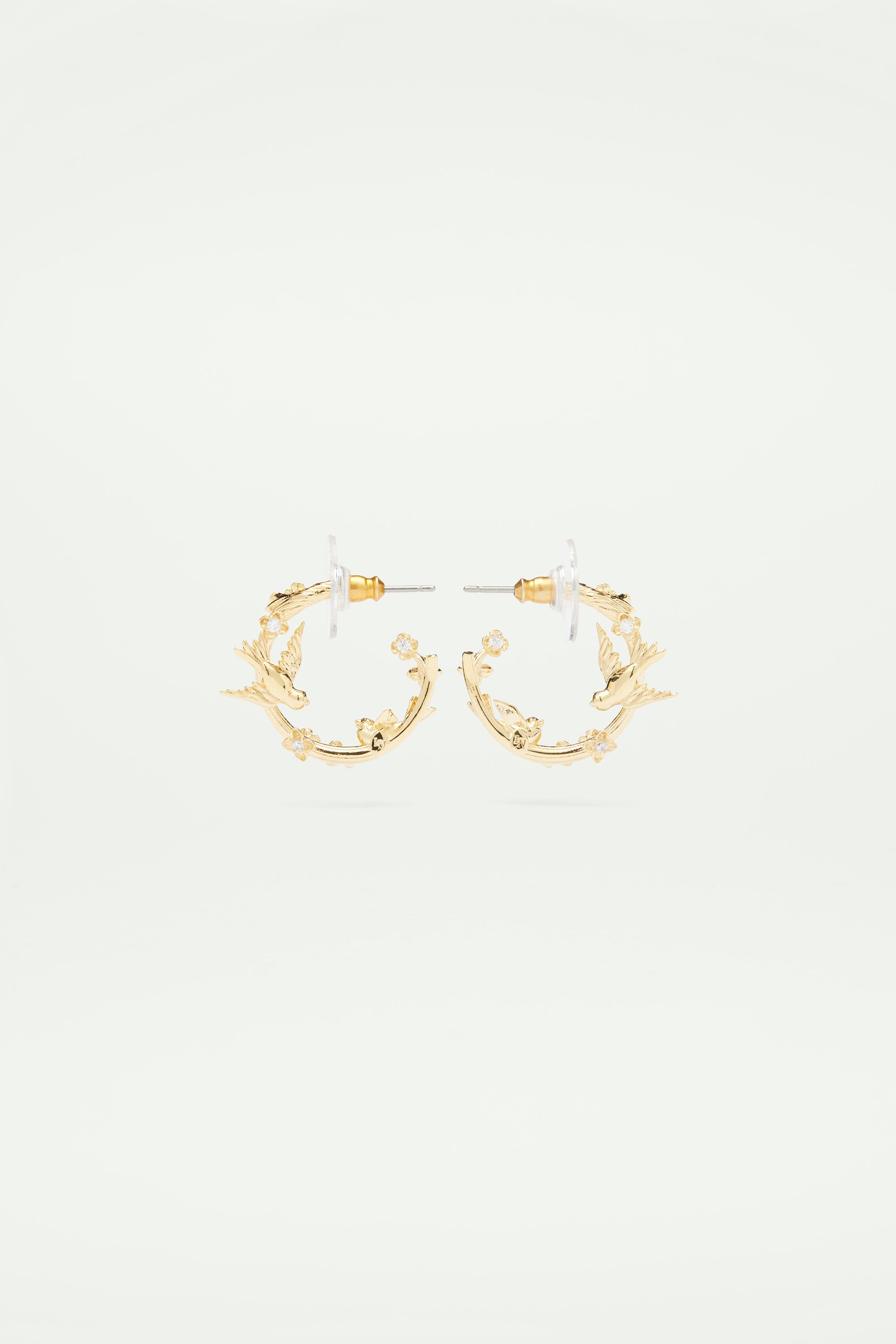 Golden bird, flower and crystal post earrings