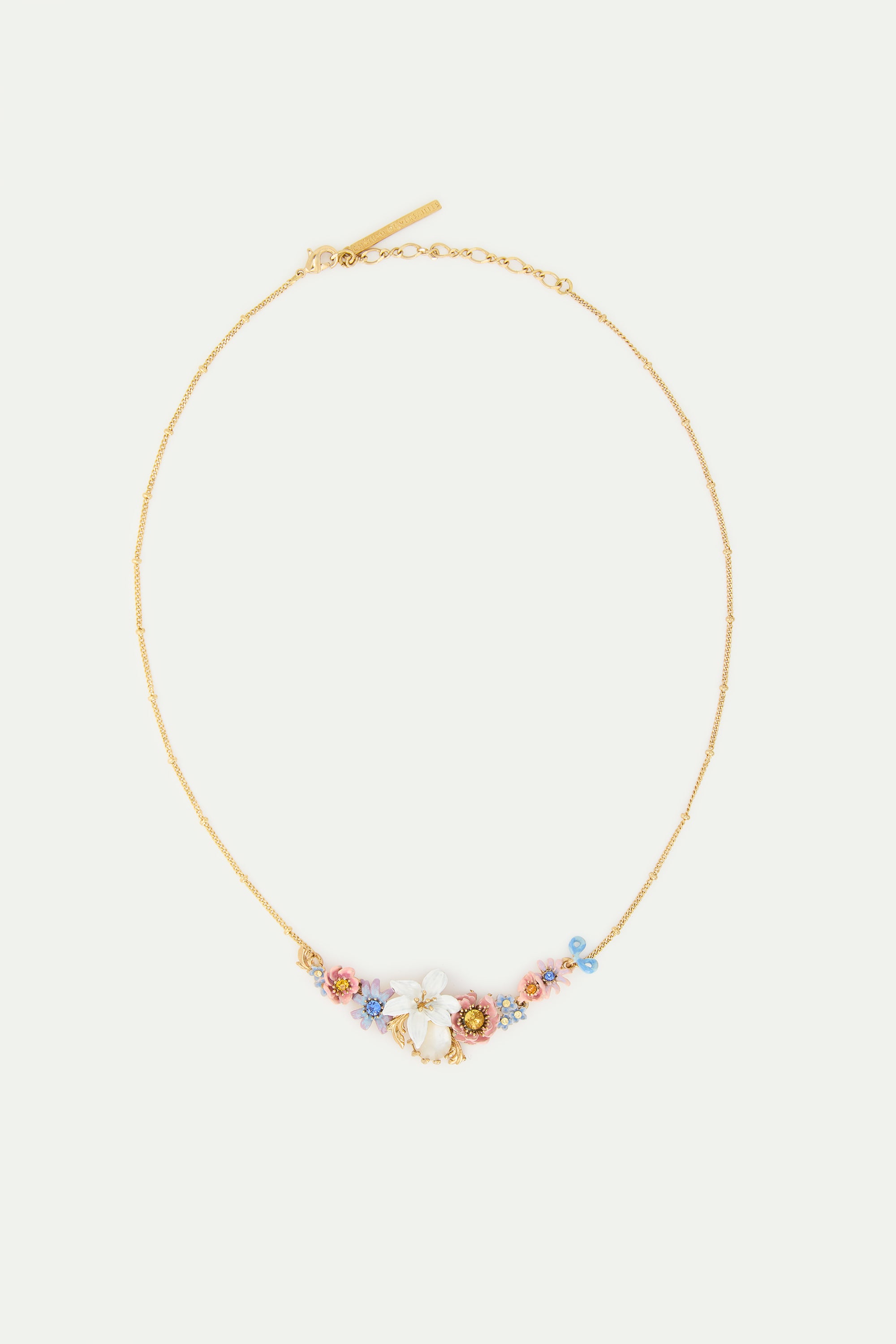 Pink and blue flowers, lily and mother of pearl round stone statement necklace