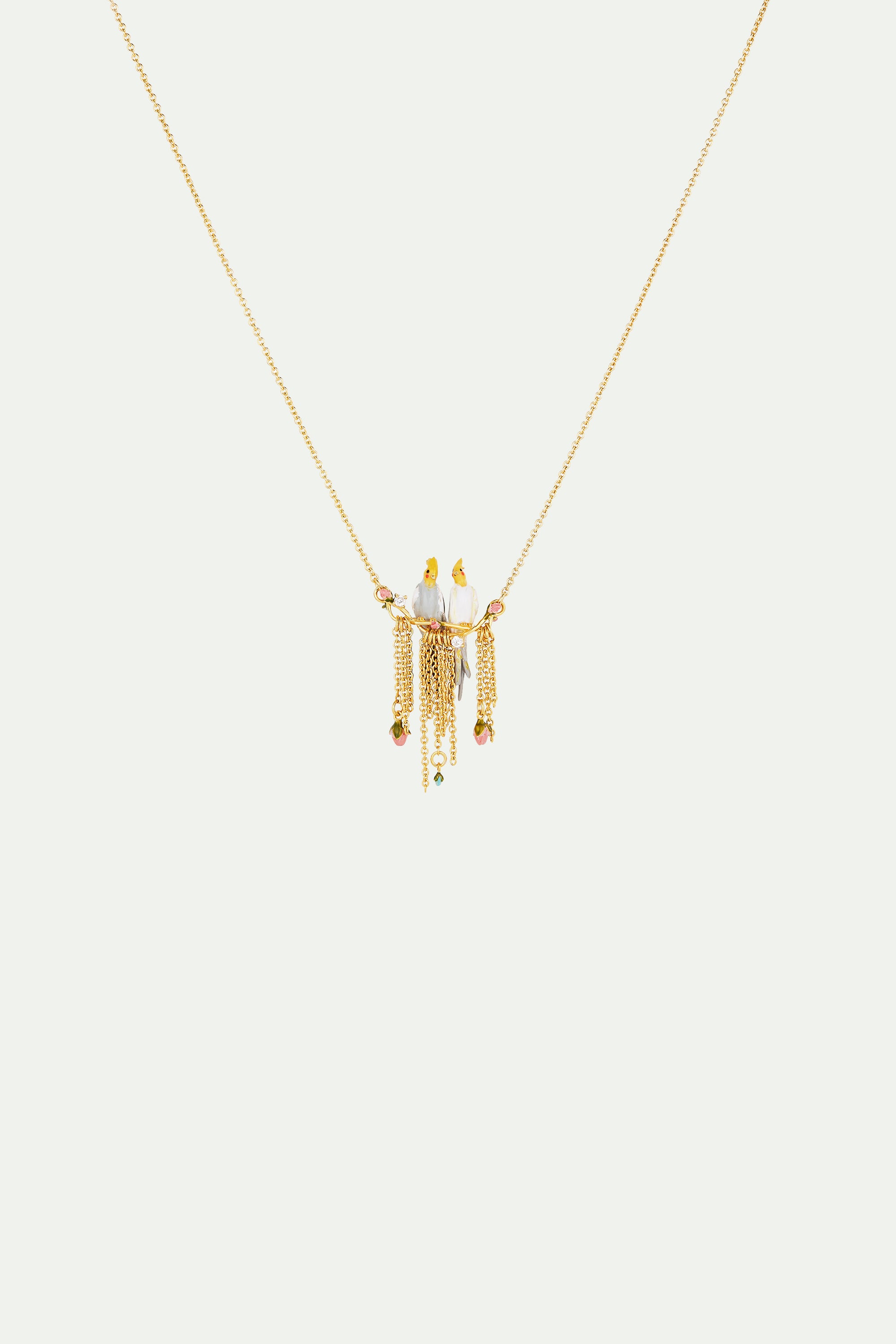 Duo of Cockatiel and Rosebuds statement necklace