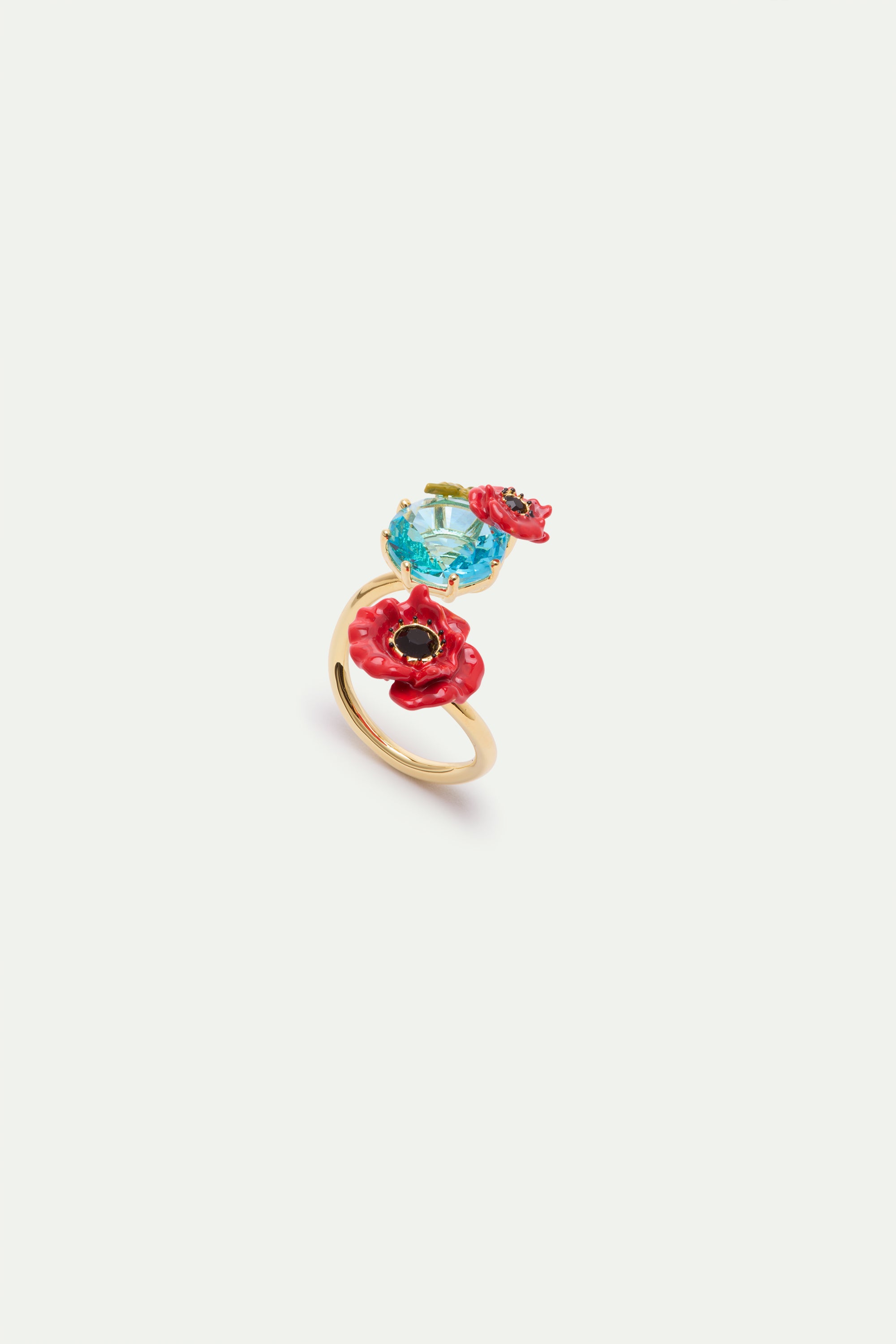 Adjustable ring with round blue stone and poppies