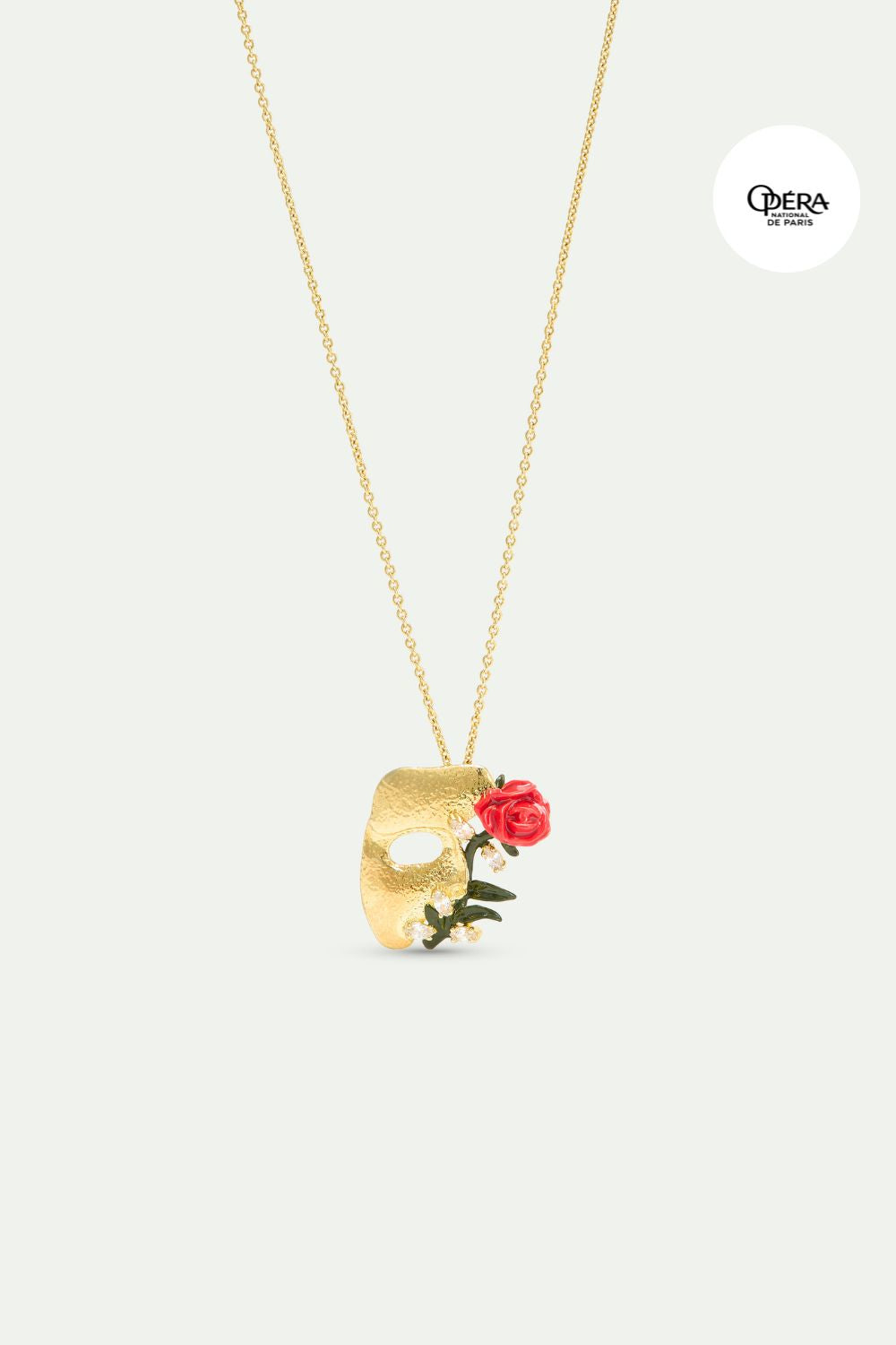 Gold mask, rose and crystal pendant necklace