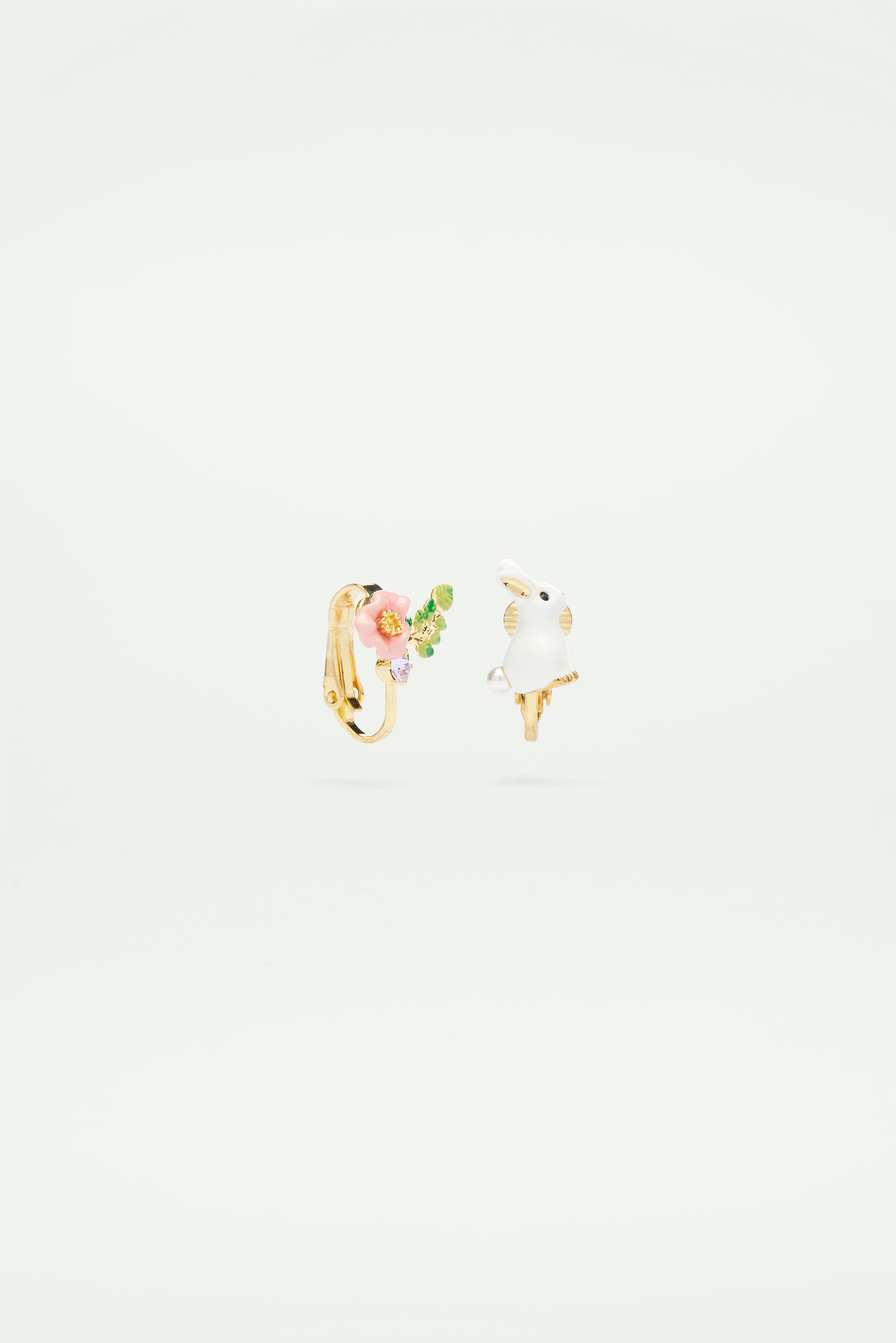 Rabbit and Pink flower Asymmetrical Clip on Earrings