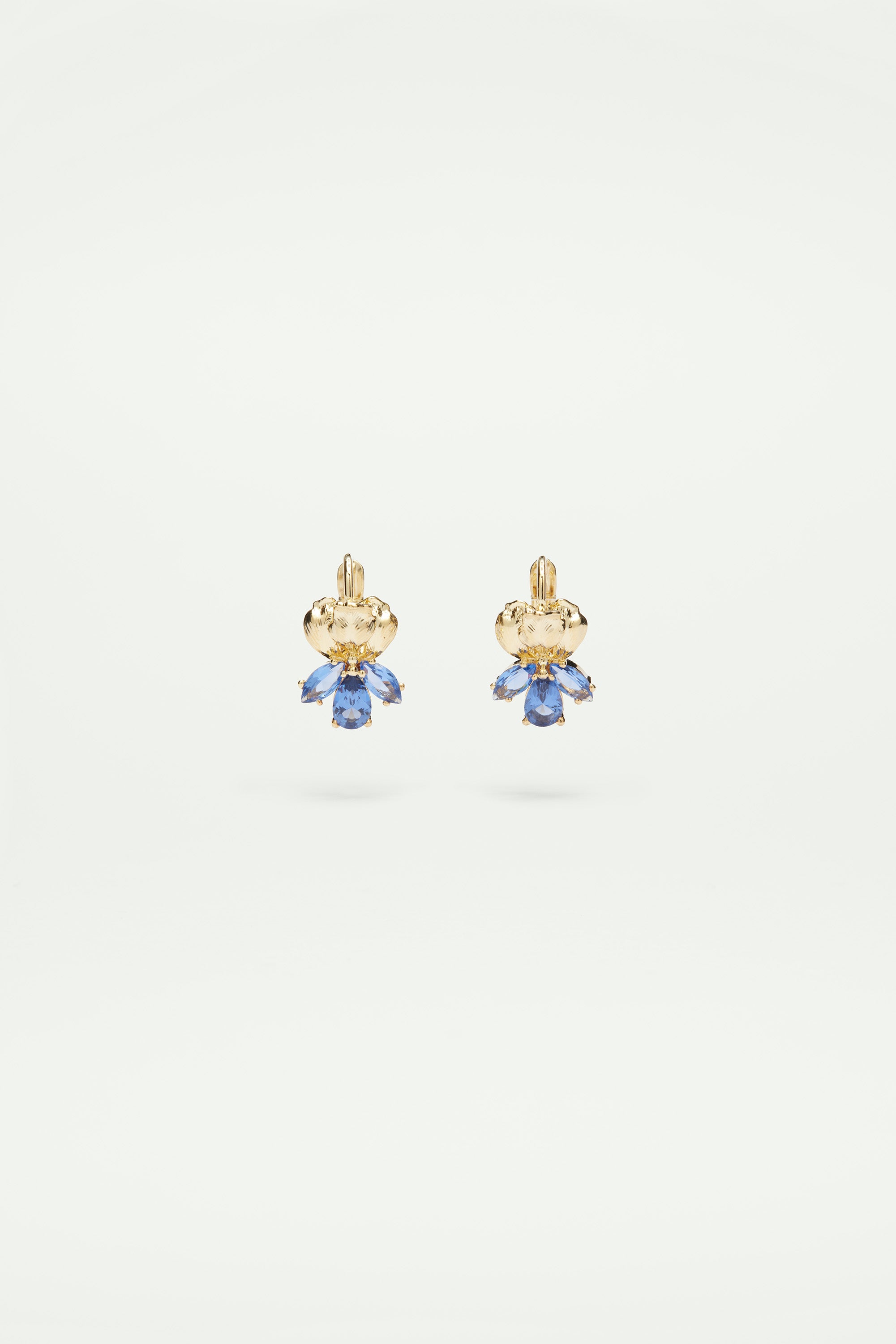 Gold Iris and blue crystal sleeper earrings