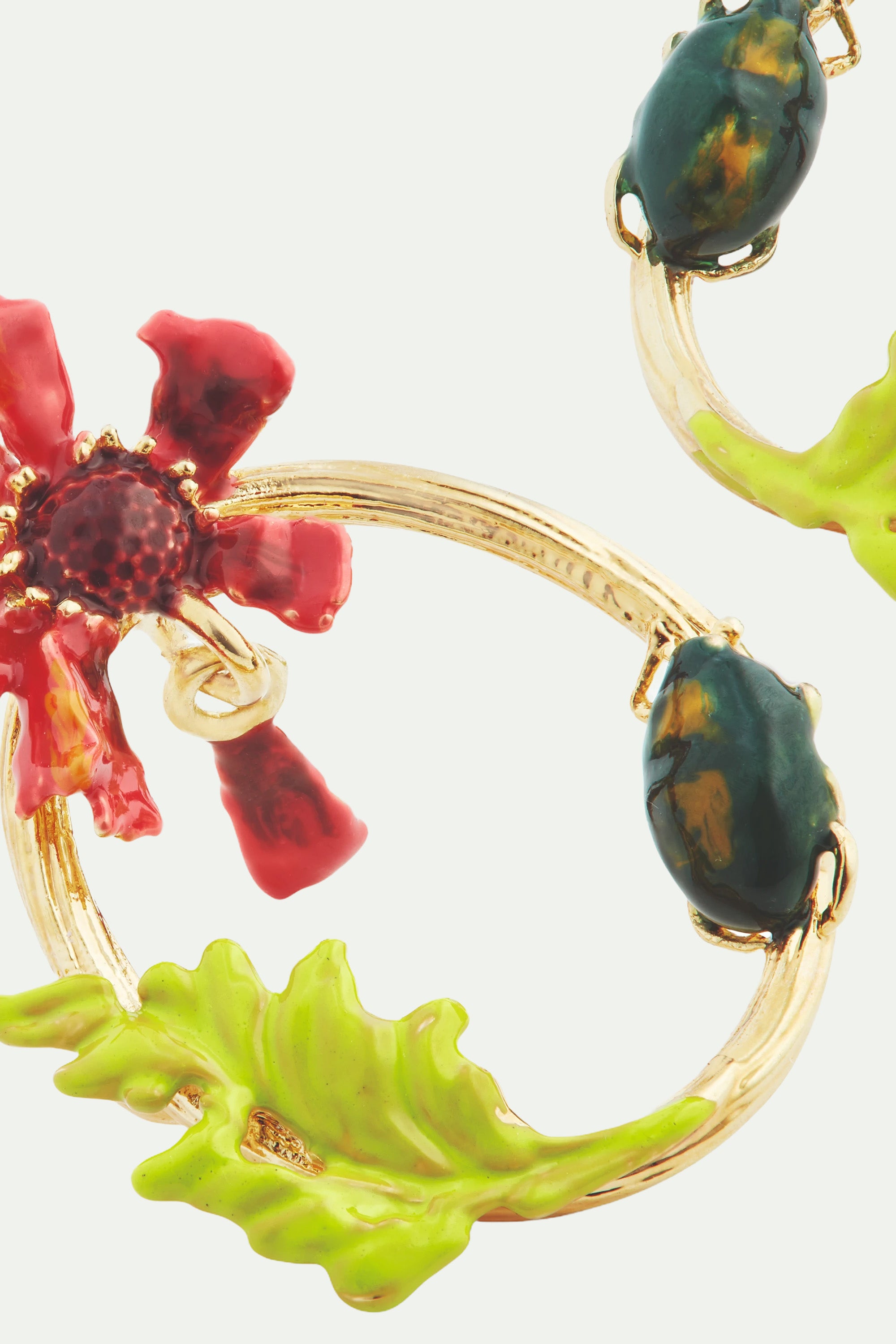 Ephemeral flower and scarab beetle post hoop earrings