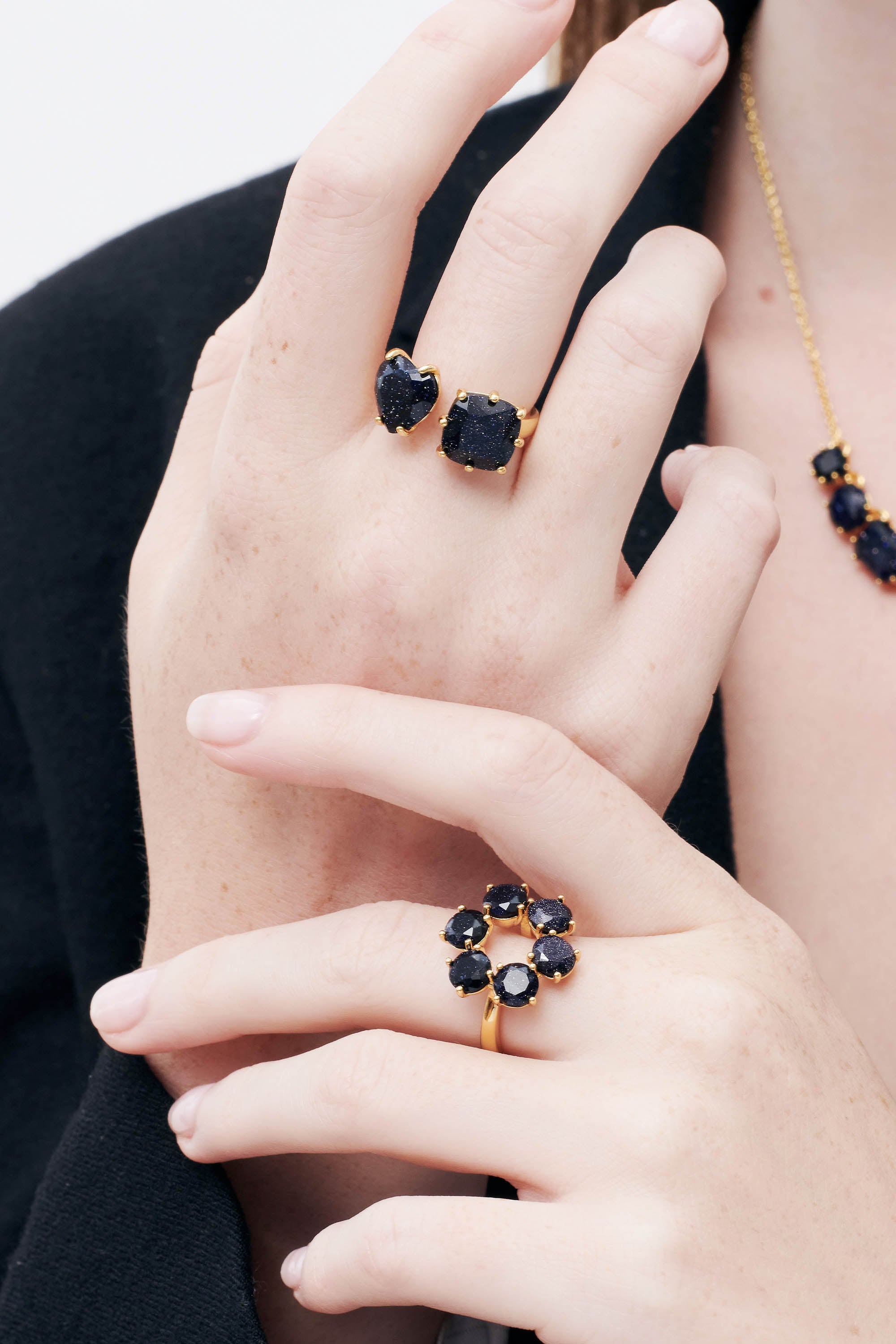 Deep Sparkling Blue Heart and Square Stones La Diamantine Adjustable You and I Ring