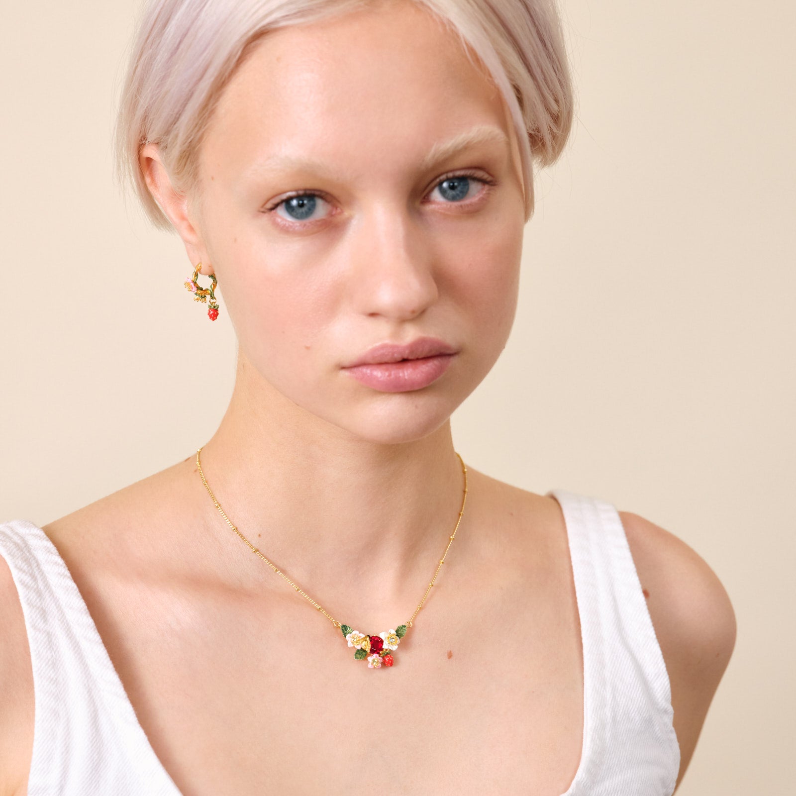 Wild strawberry, strawberry flower and bumblebee statement necklace