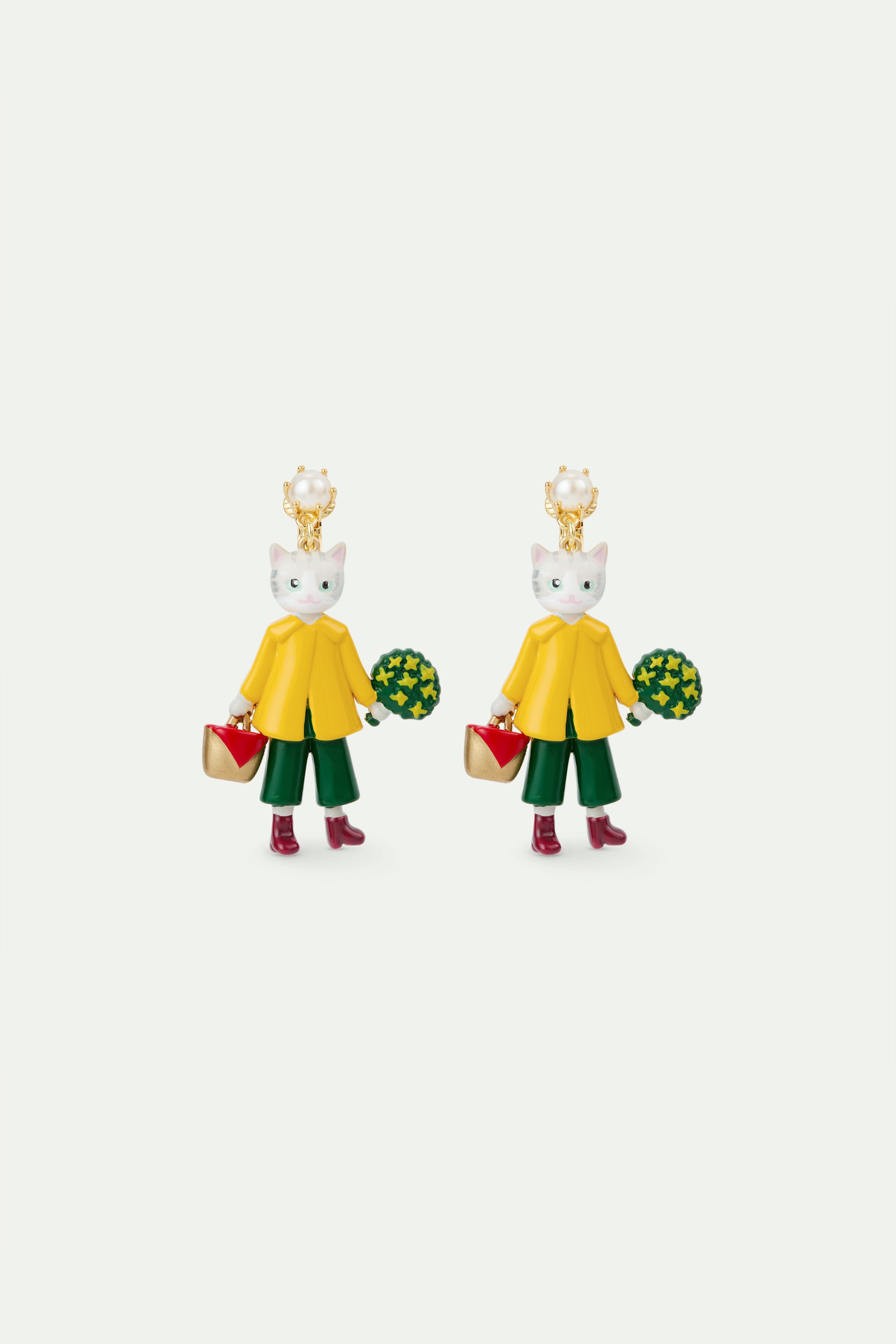 Cat with yellow raincoat dangle earrings