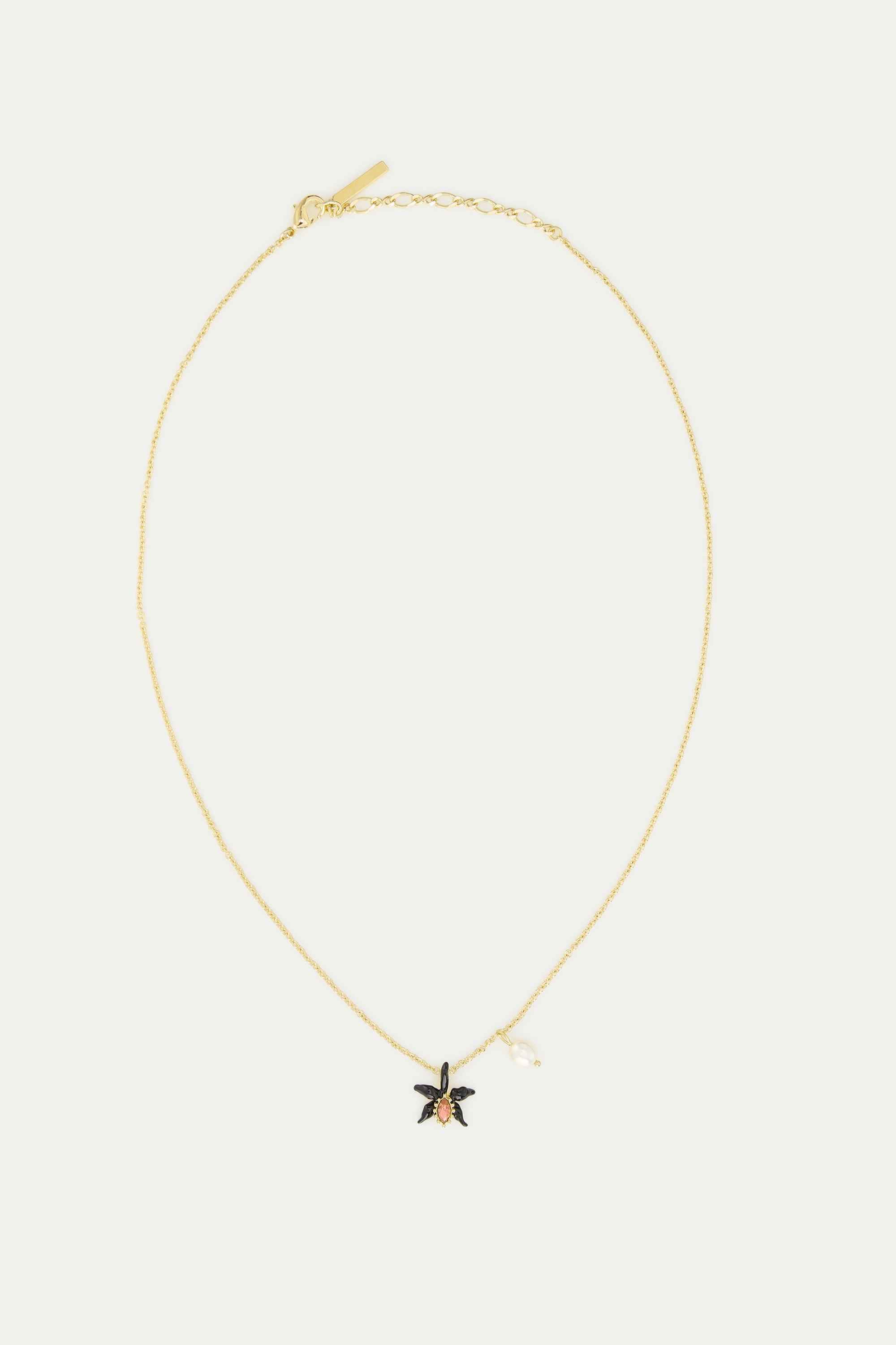 Fine black orchid necklace with pink faceted crystal and cultured pearl