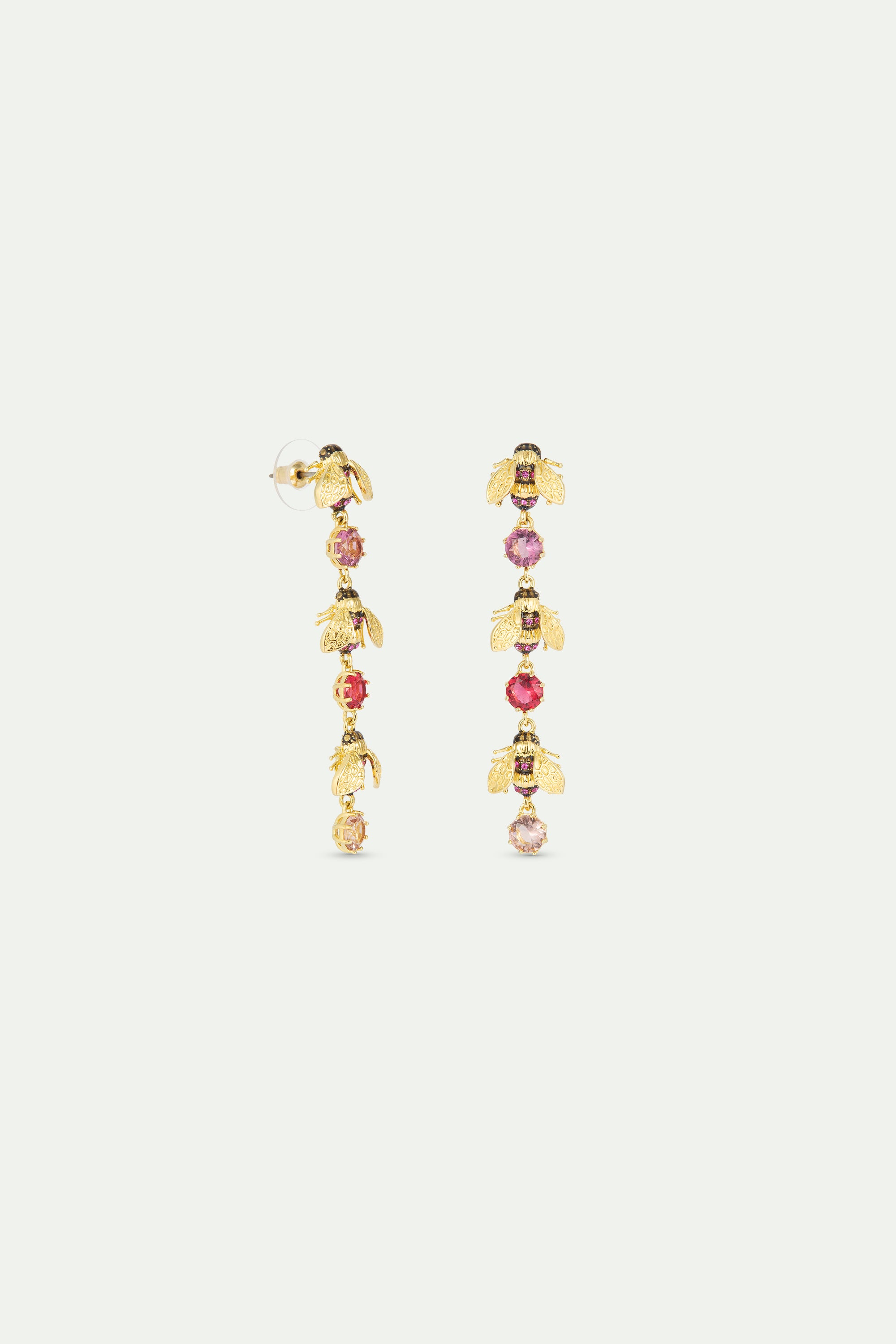 Dangle earrings with gold bees and pink round stones