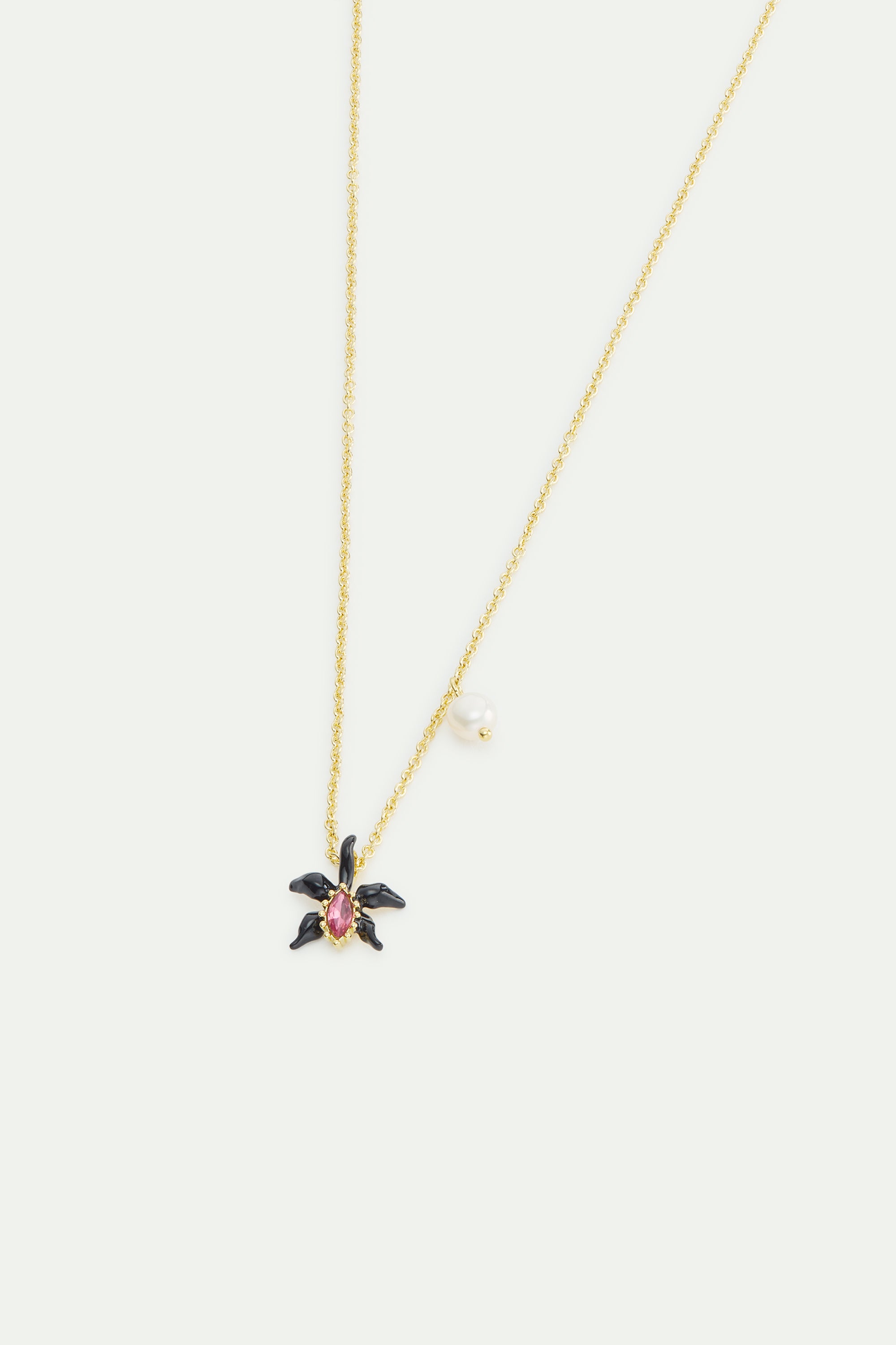 Fine black orchid necklace with pink faceted crystal and cultured pearl