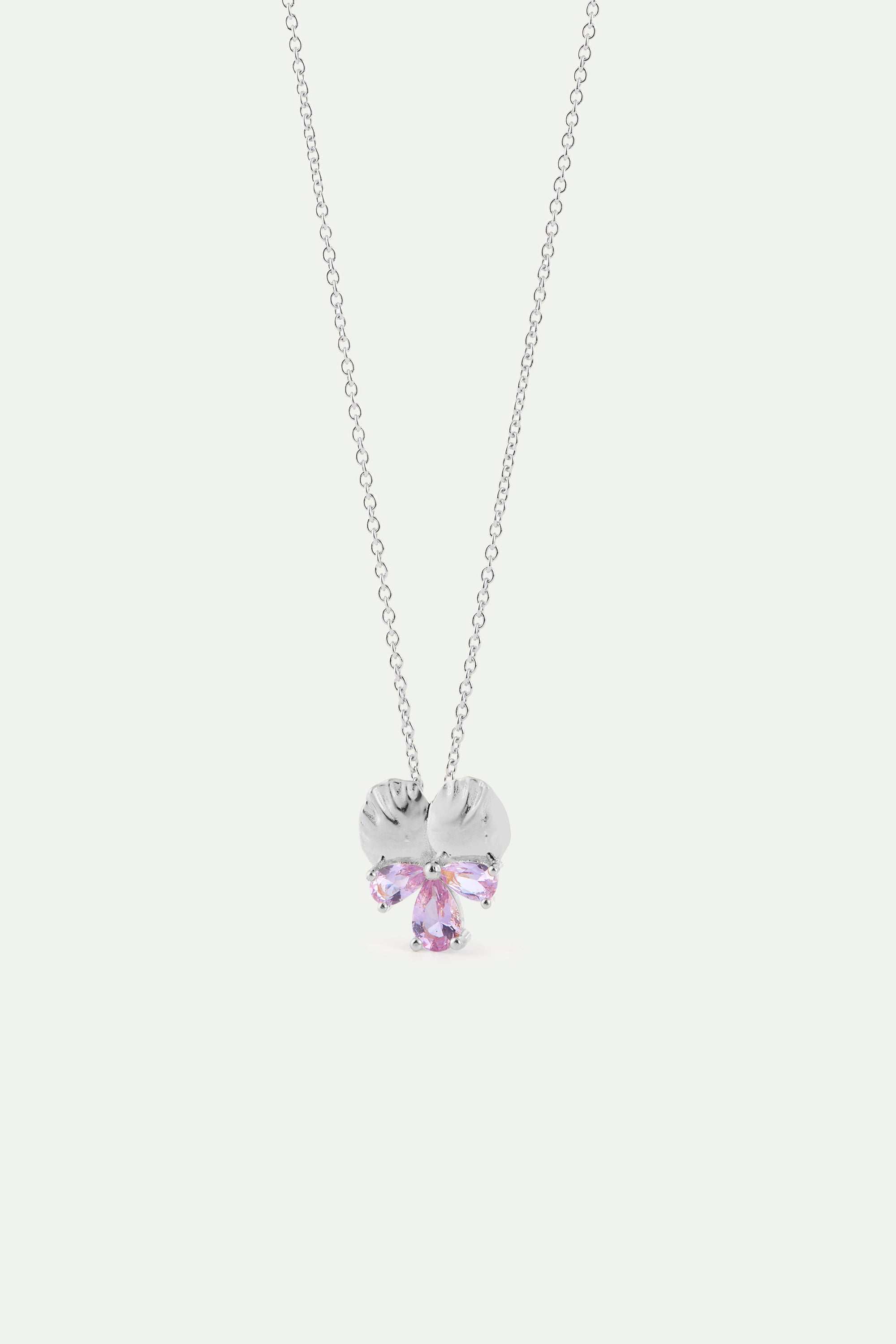 Silver pendant necklace with pansy and pink stones