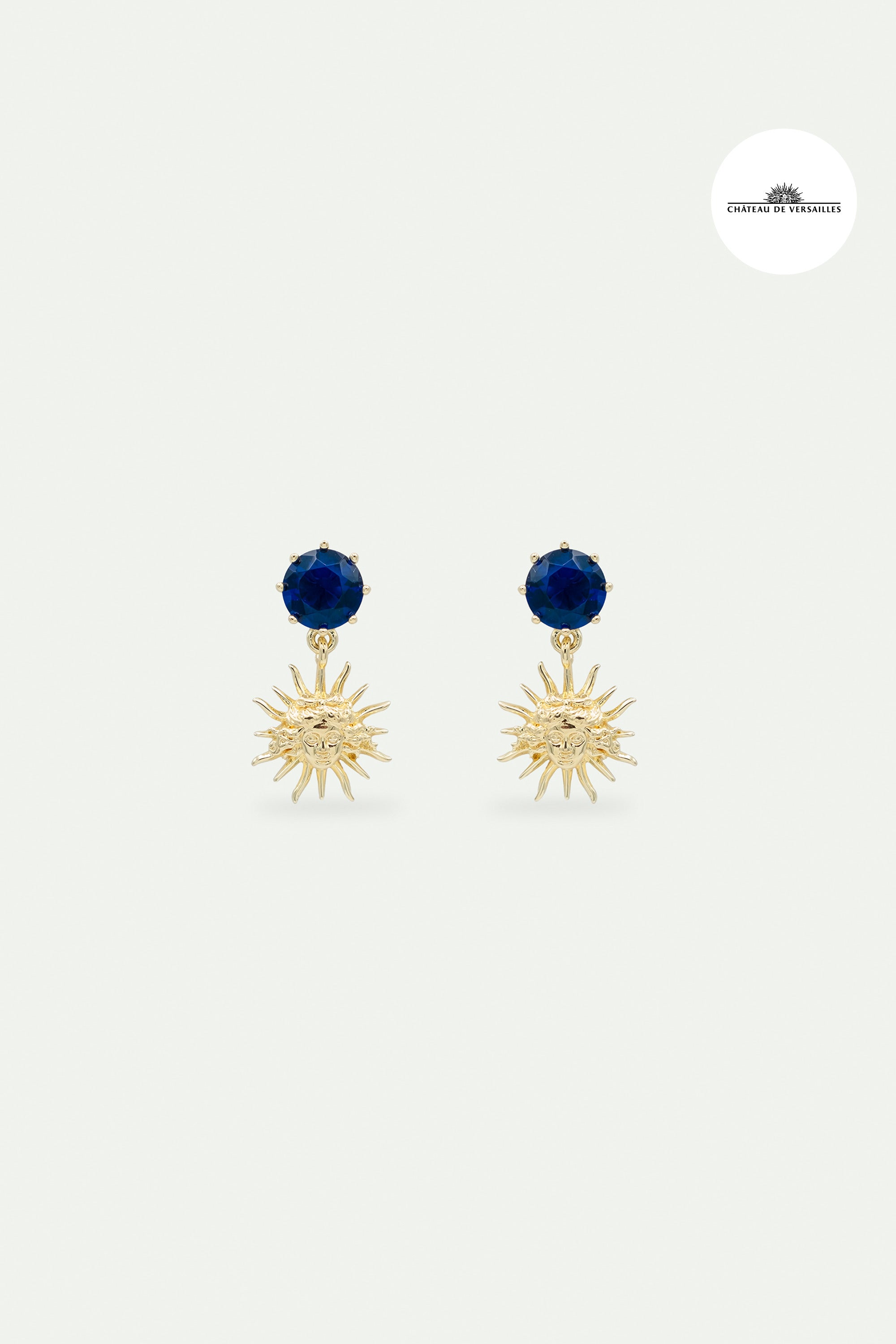 Sun King and round blue stone sleeper earrings