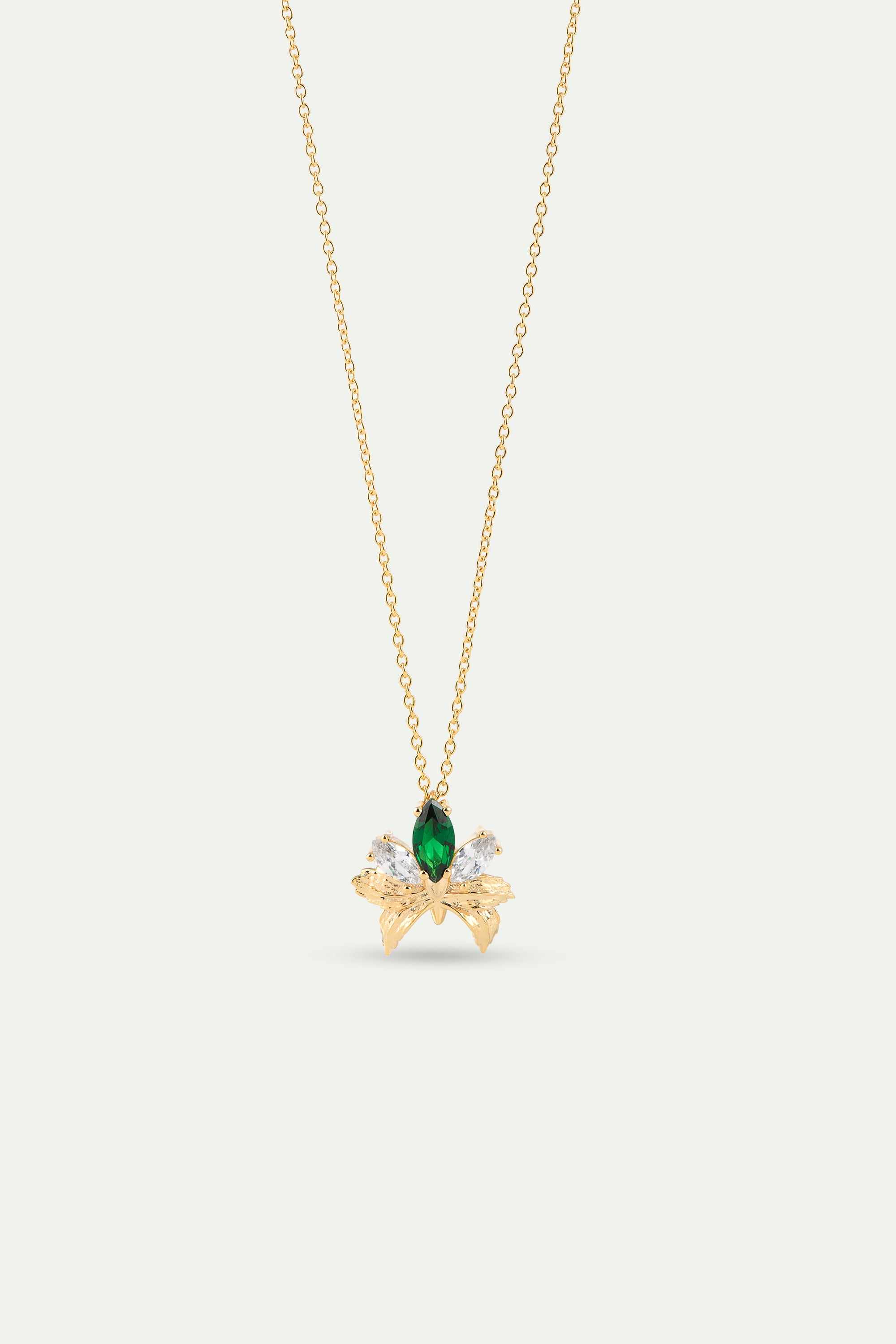 Gold pendant necklace with orchid, green and white stones