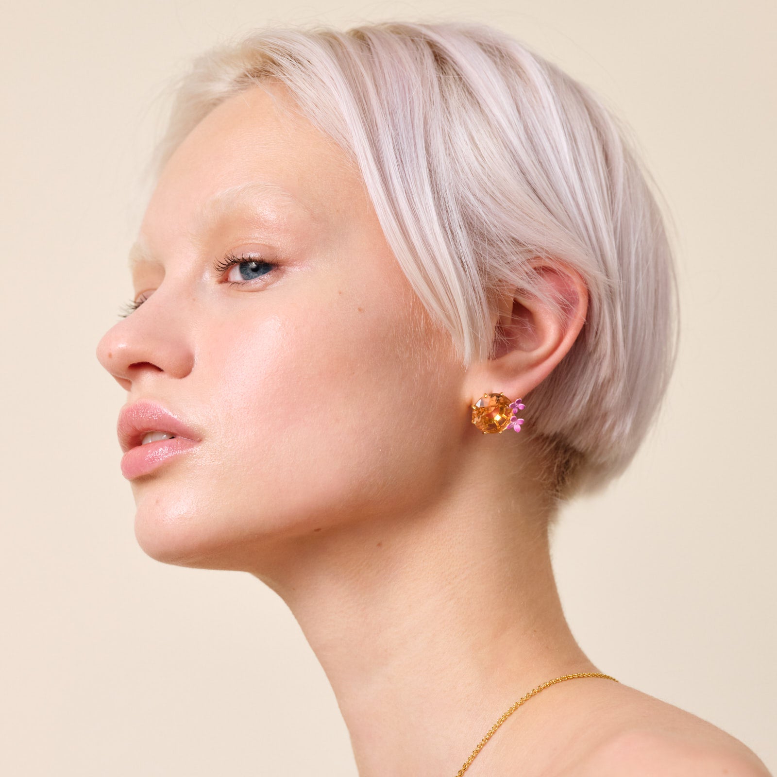 Apricot pink diamantine flower and round stone sleeper earrings