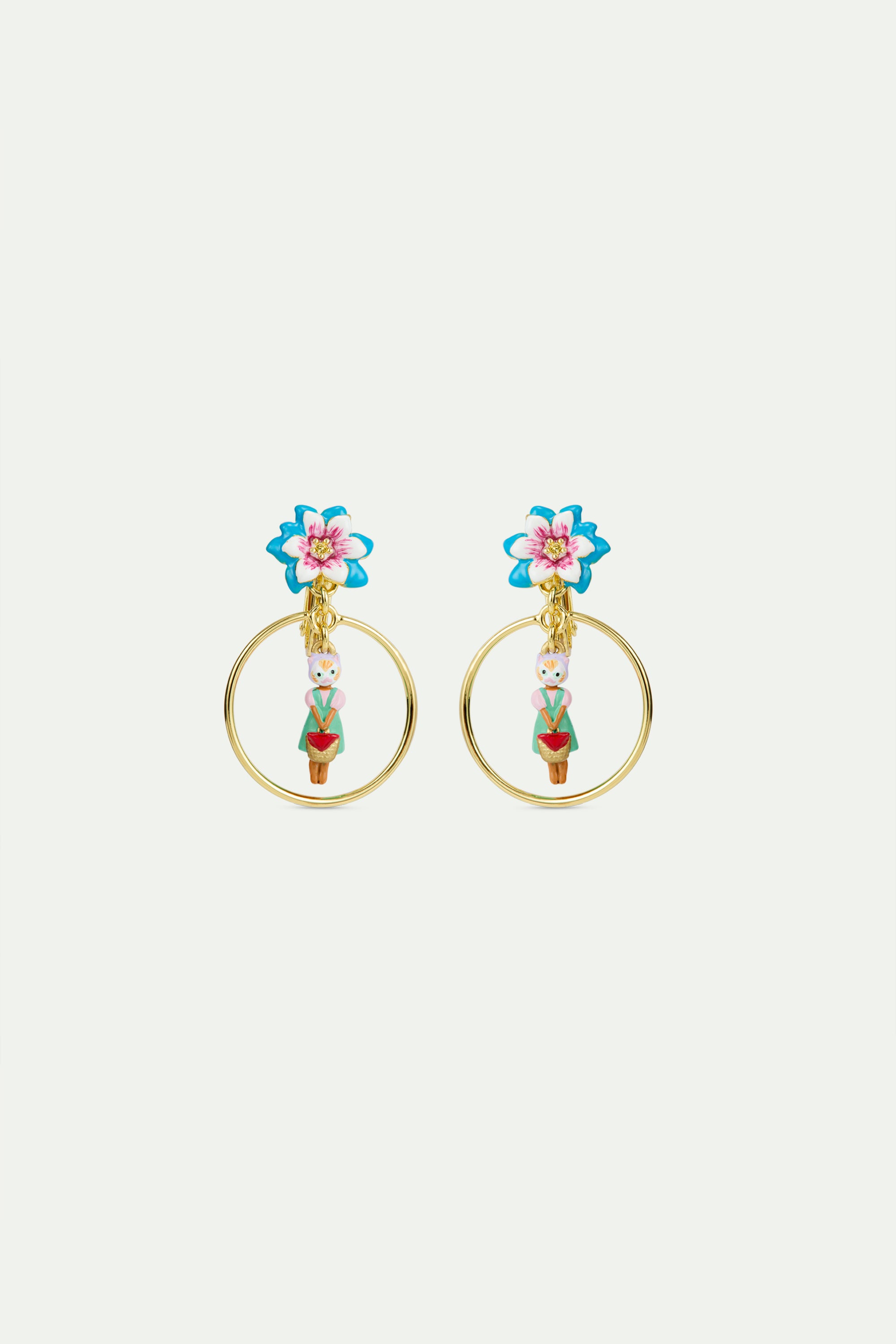 Ginger cat and blue flower dangle hoop earrings
