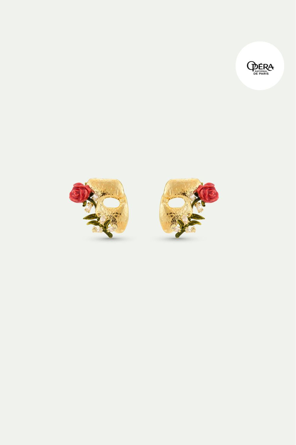 Gold mask, rose and crystal post earrings