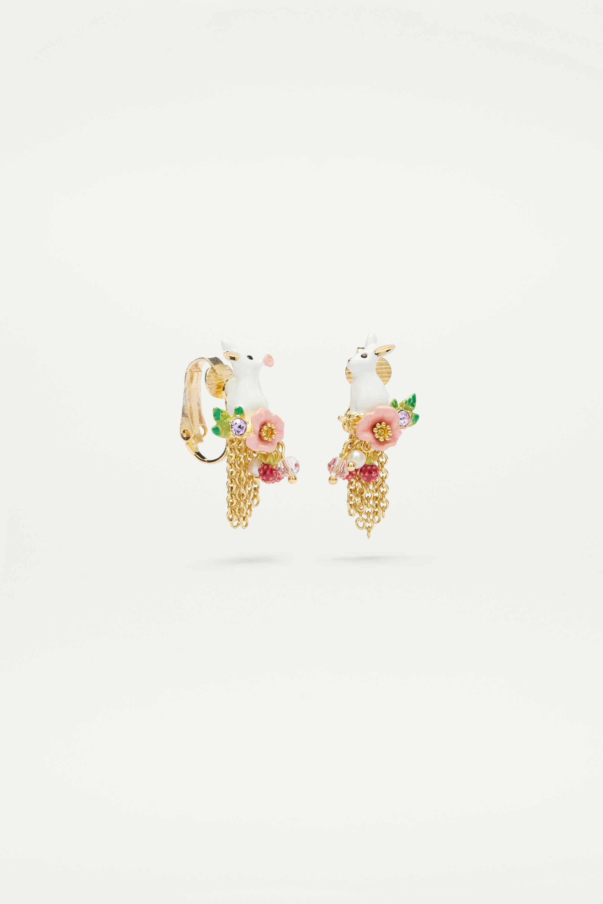 Rabbit and Chain Asymmetrical Clip on Earrings