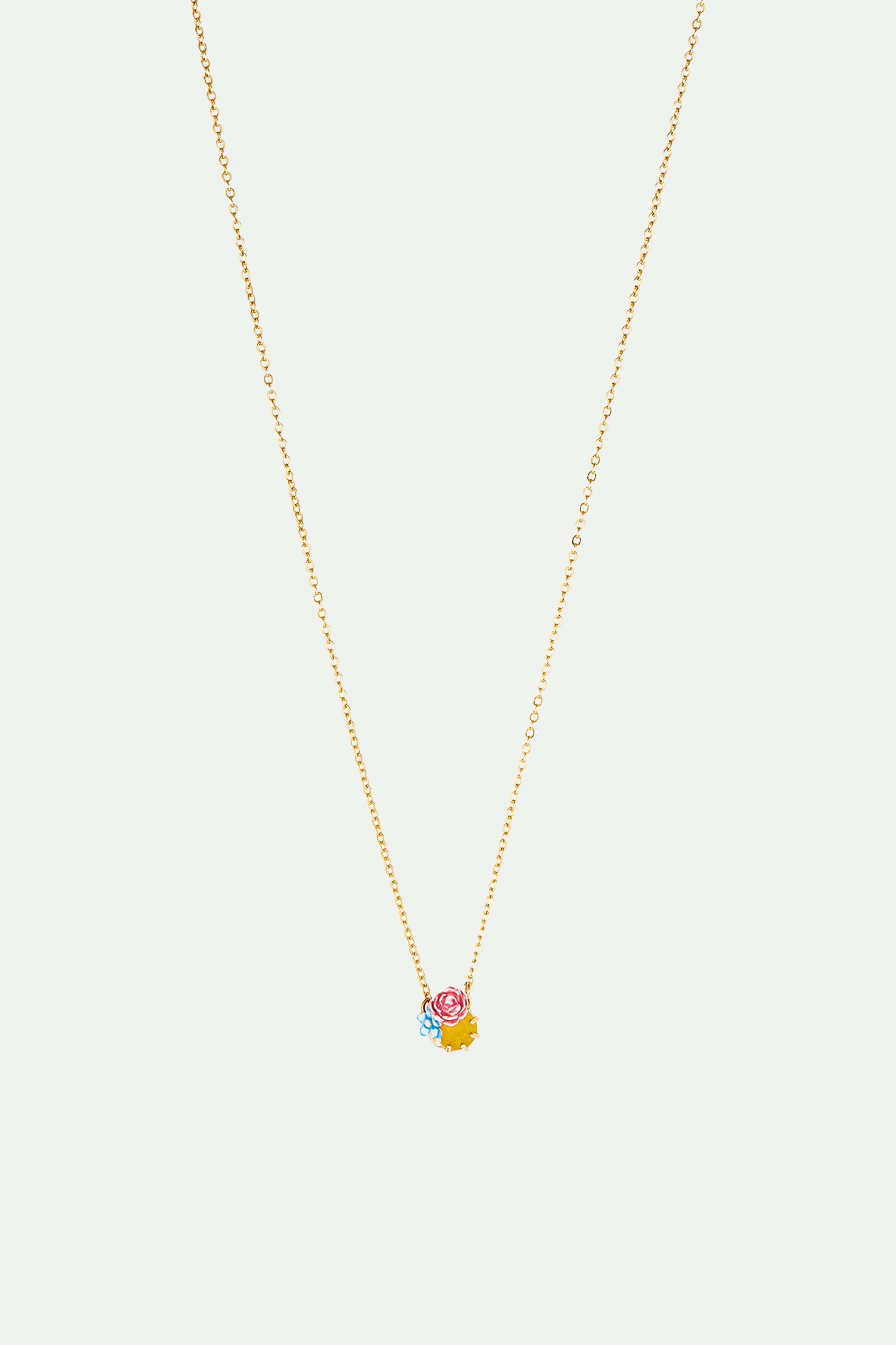 Campanula and Peonies on Faceted Glass Stone Thin Necklace