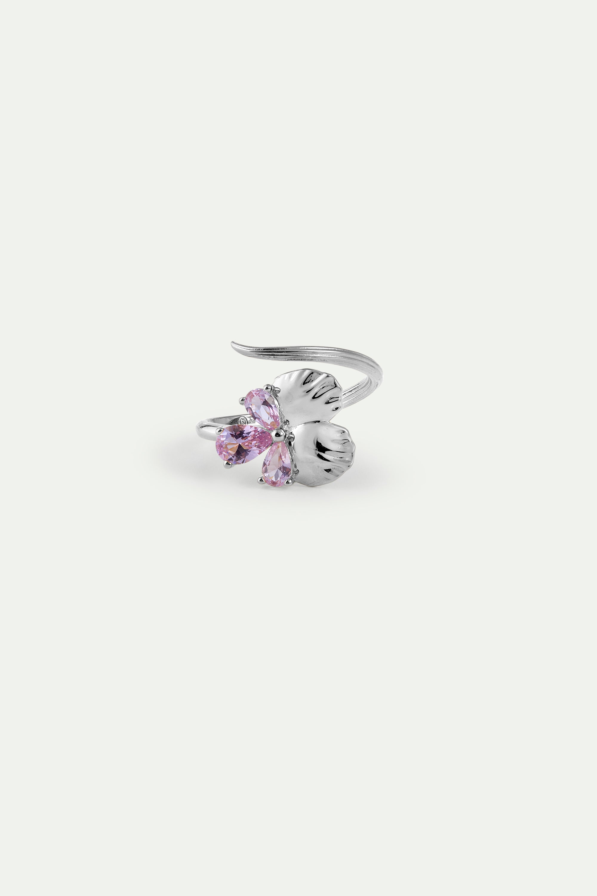 Silver adjustable ring with pansy and pink stones
