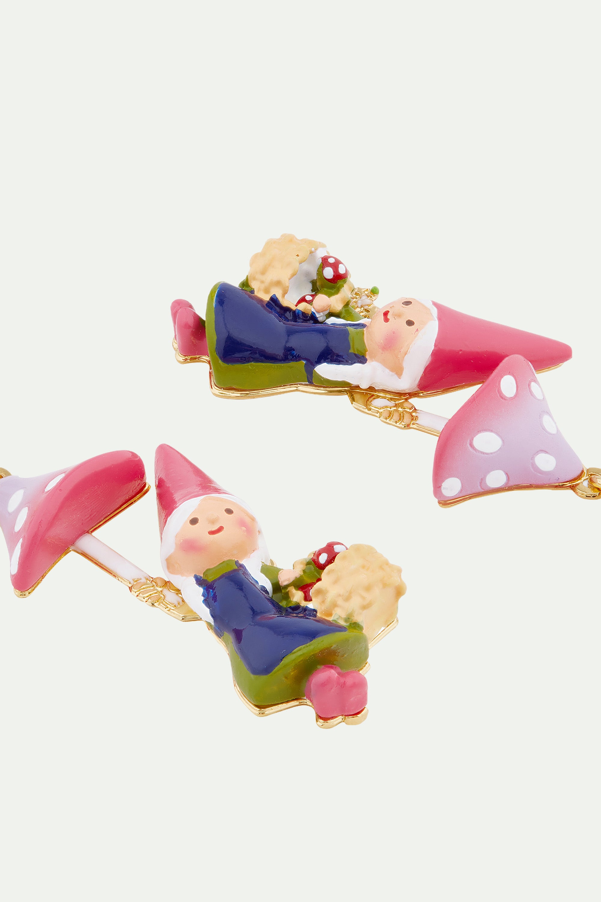 Garden gnome lady and mushroom picking clip-on earrings