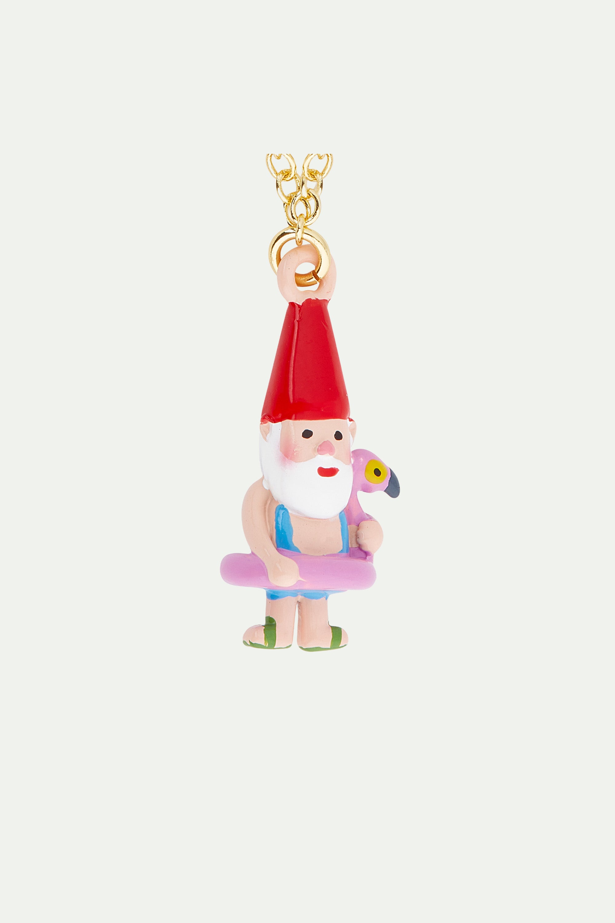Garden gnome and inflatable pink flamingo pendant necklace