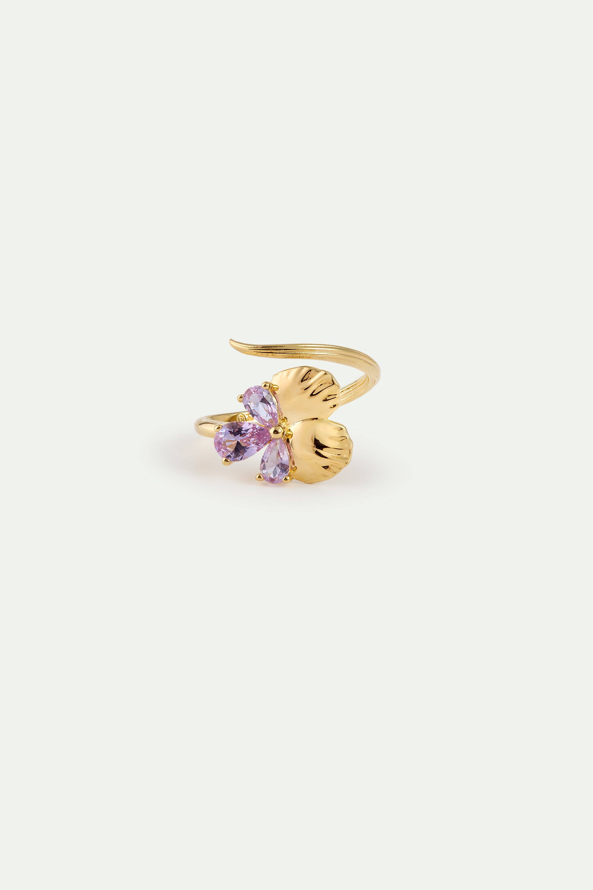 Gold adjustable ring with pansies and pink stones