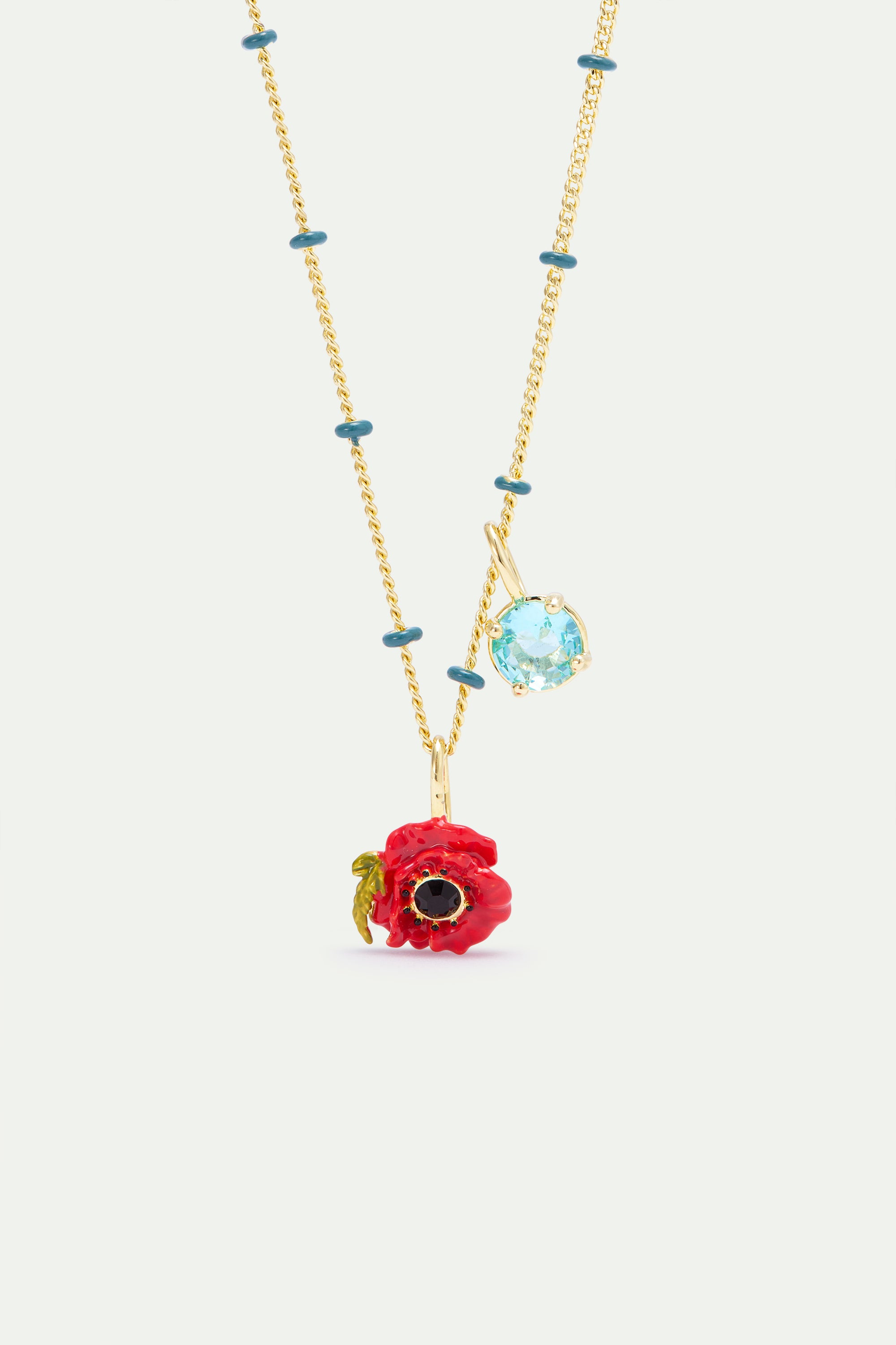 Pendant necklace with red poppy and round blue stone