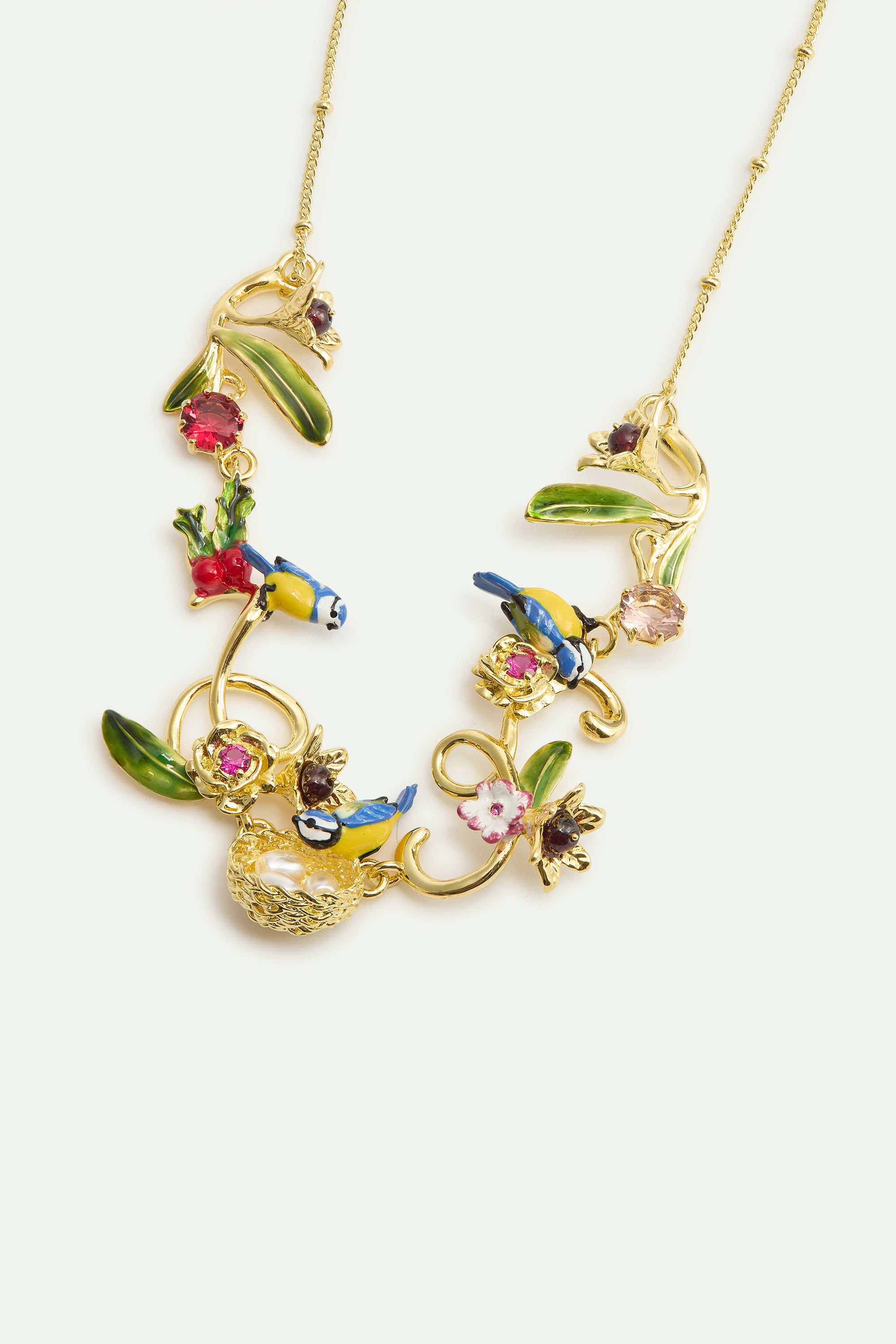 Gold nest necklace with blue tits, pearls and pink stones