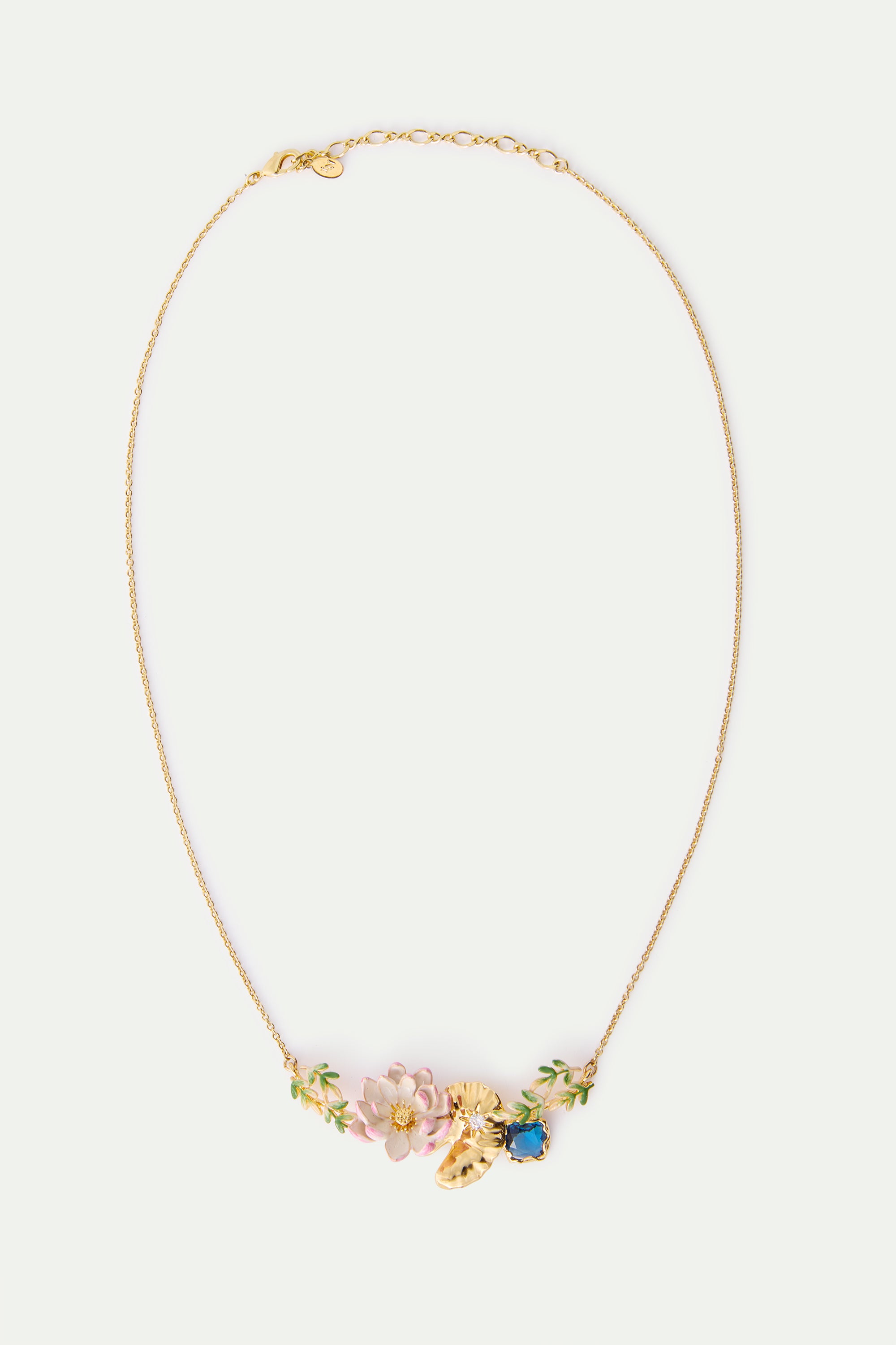 Pink water lily, golden lotus, and blue round stone statement necklace