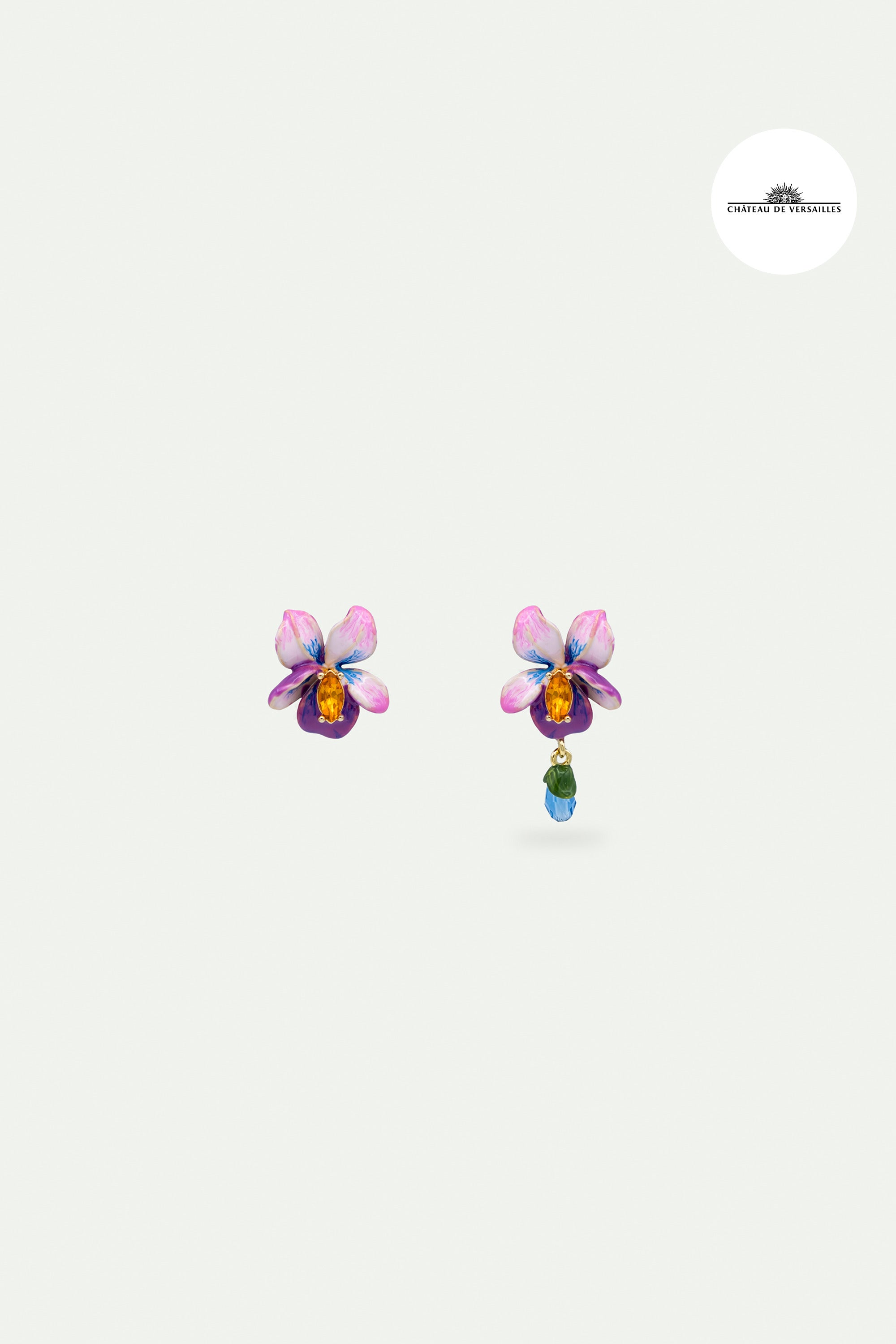 Asymmetrical violet flower and blue stone earrings