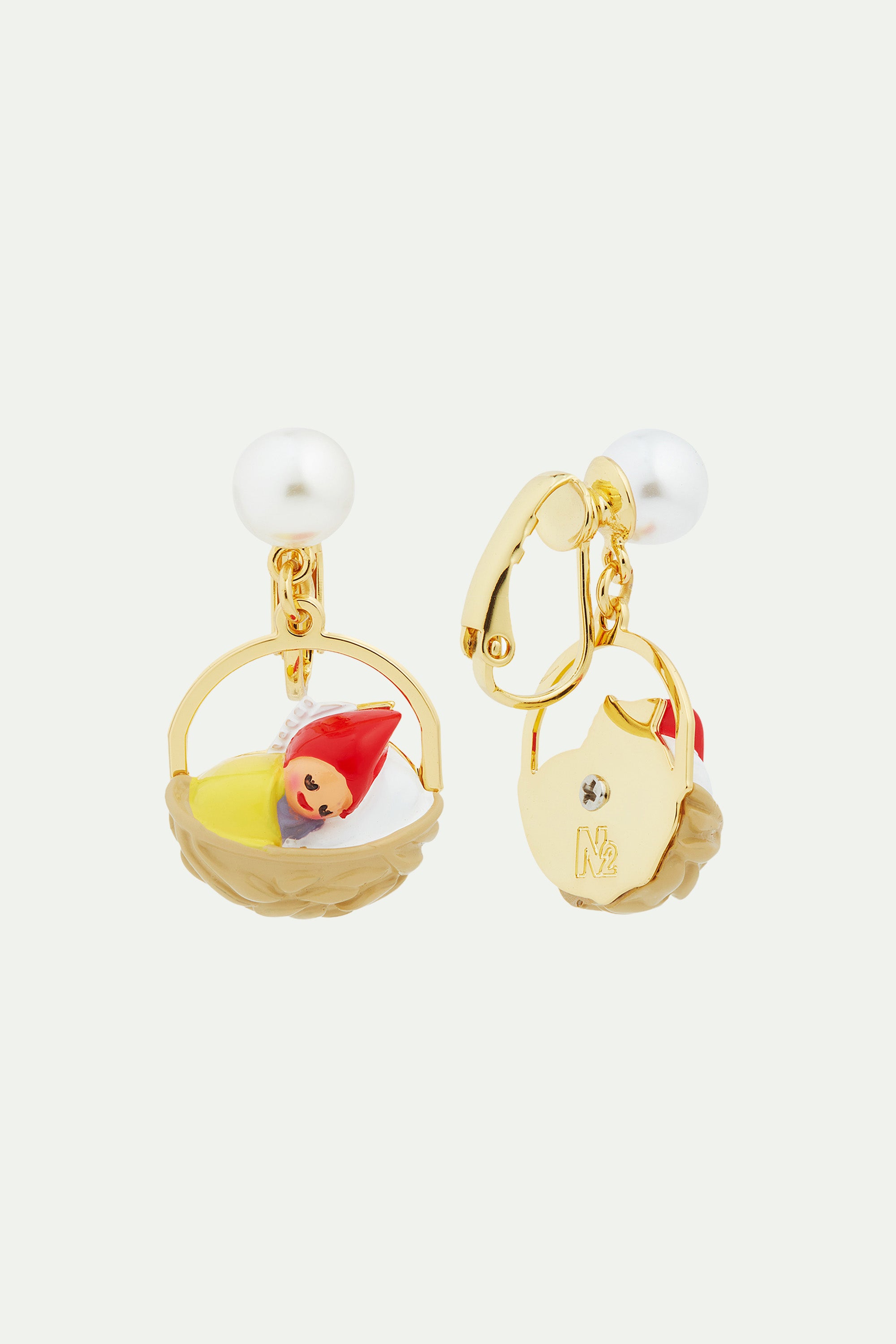 Walnut shell and garden gnome clip-on earrings