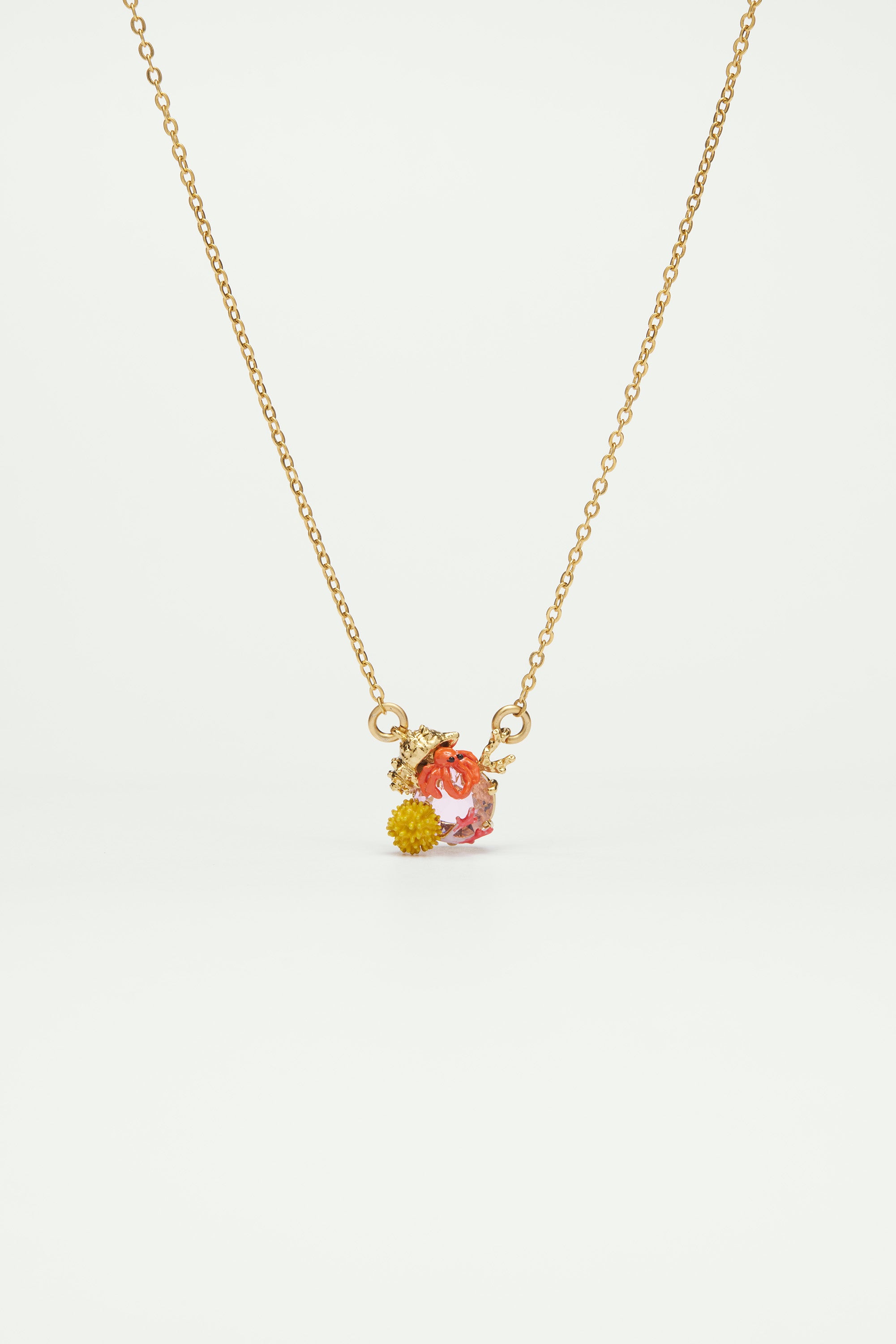 Hermit crab and light pink cut glass stone pendant necklace