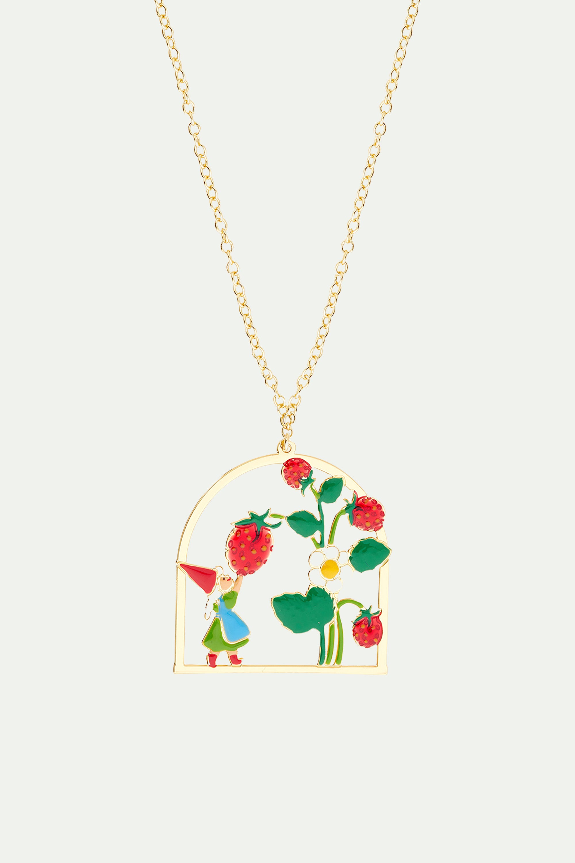 Garden gnome lady and strawberry picking pendant necklace