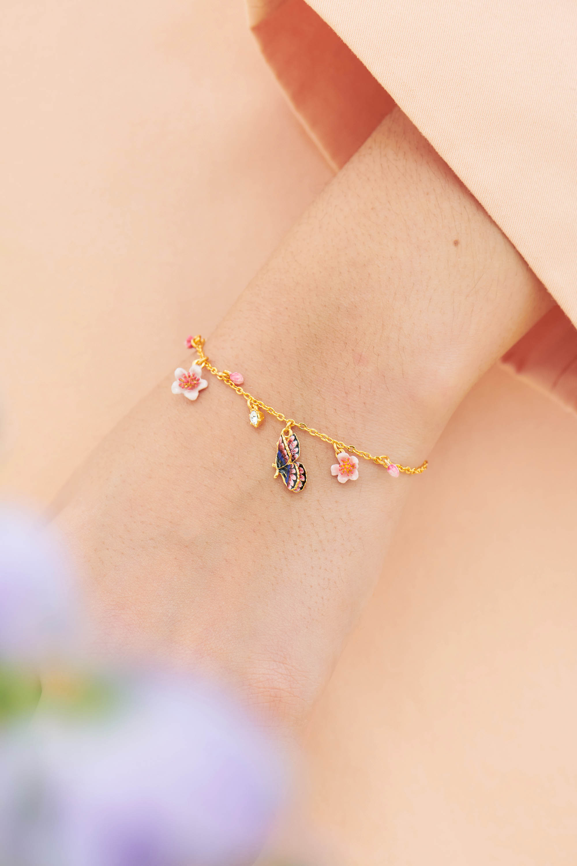 Japanese Emperor butterfly and cherry blossom thin bracelet