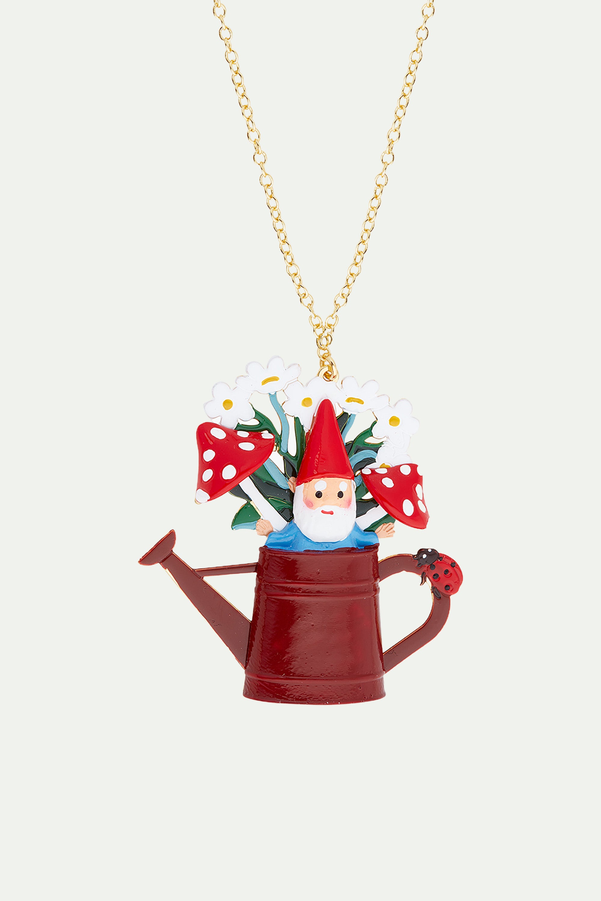 Garden gnome and watering can pendant necklace