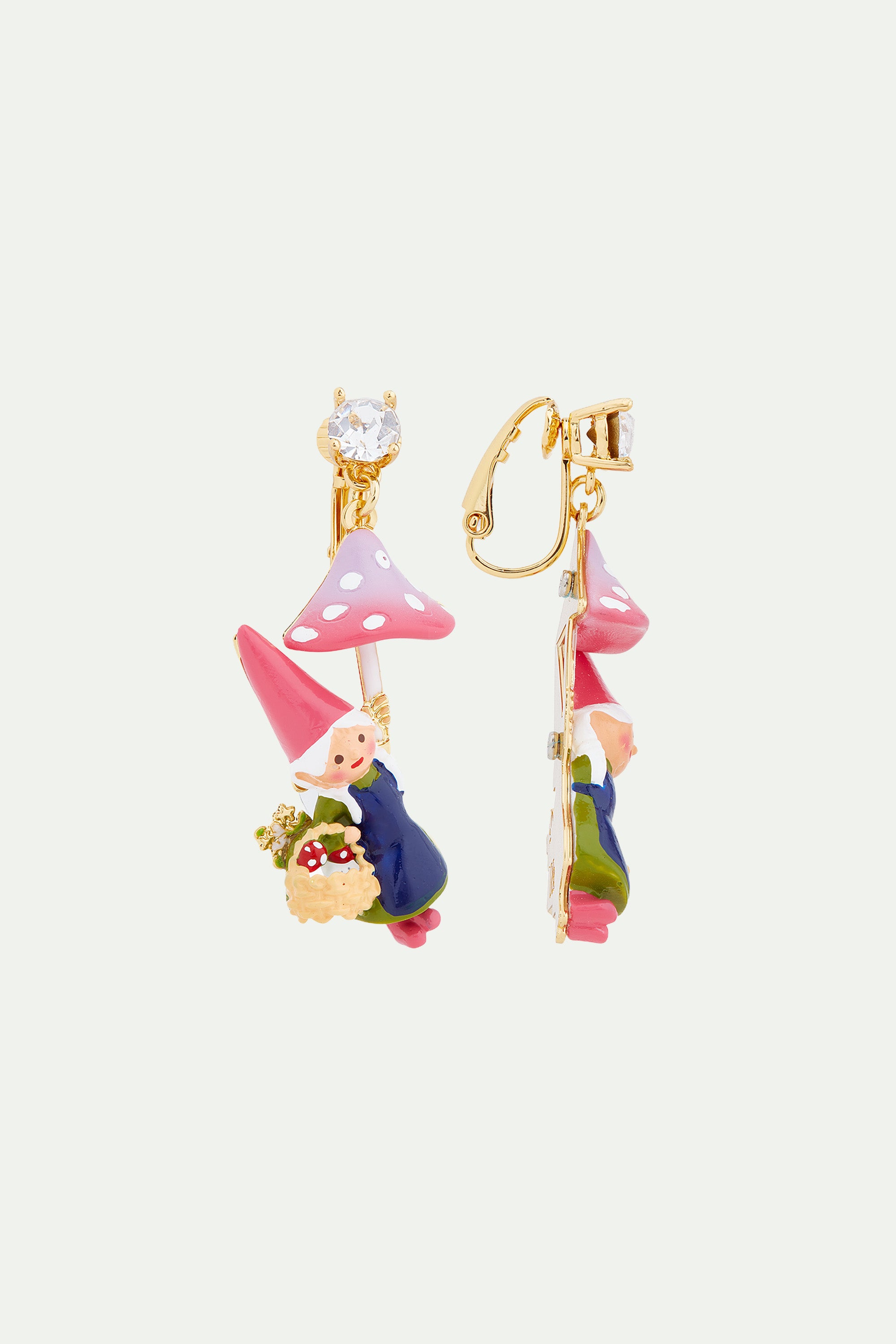 Garden gnome lady and mushroom picking clip-on earrings