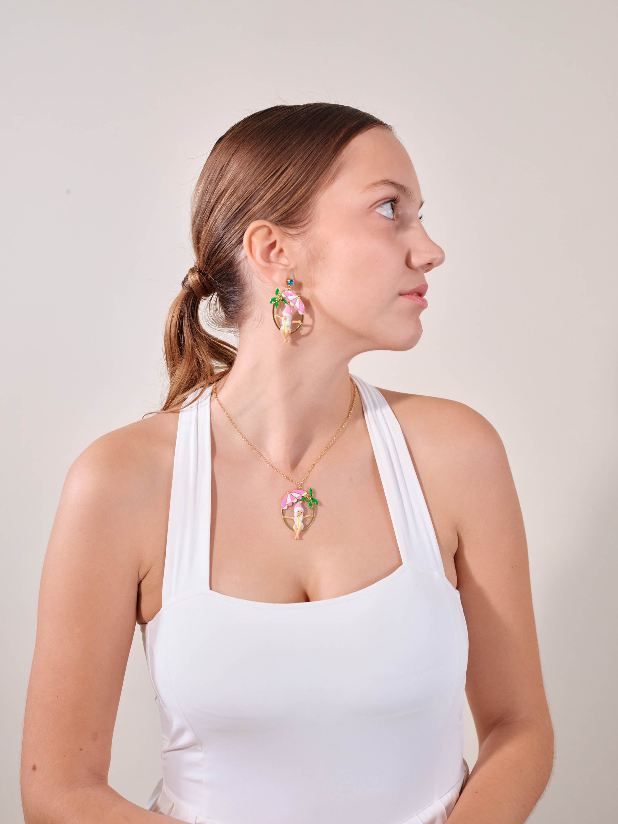 Gnome, parasol and palm tree pendant necklace