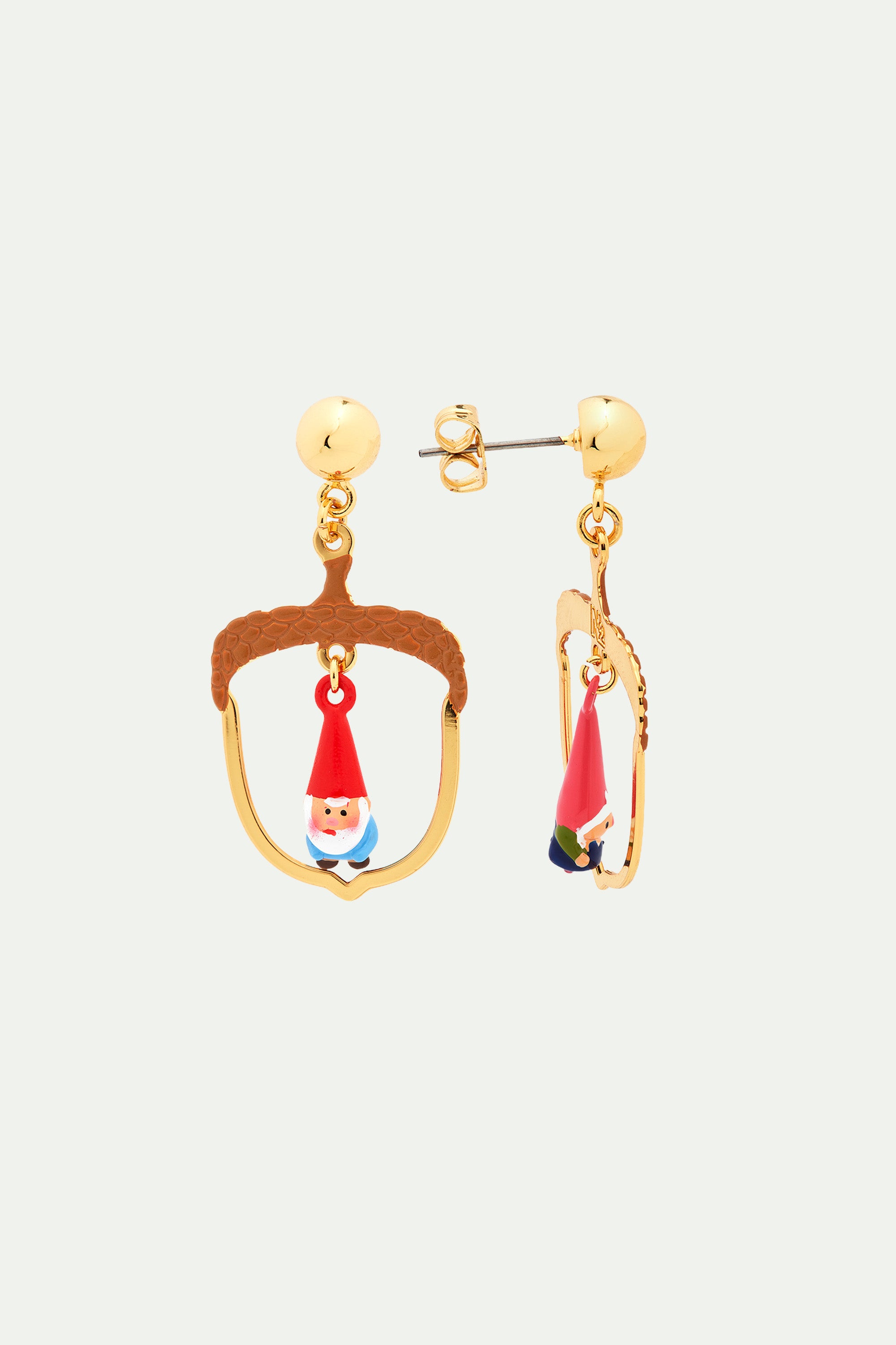 Hazelnut and garden gnome asymmetrical clip-on earrings