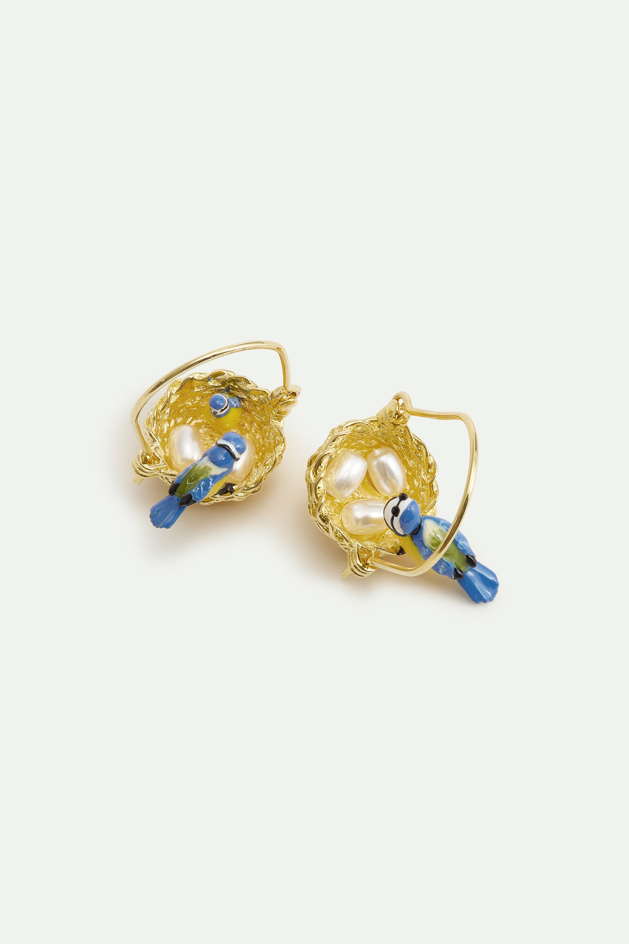 Asymmetrical hook earrings with gold nest and blue and yellow tits