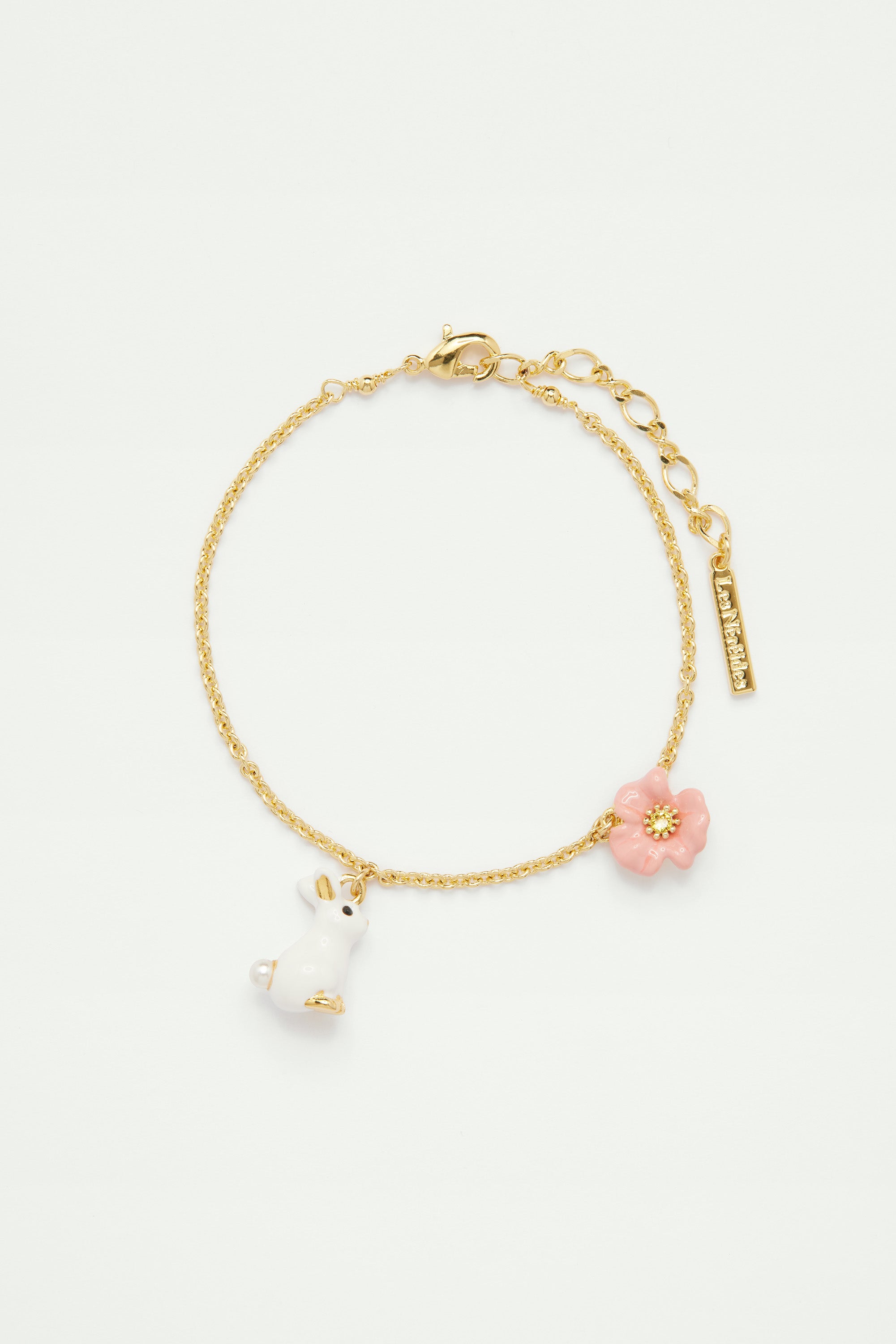 Rabbit and Pink Flower Thin Chain Bracelet