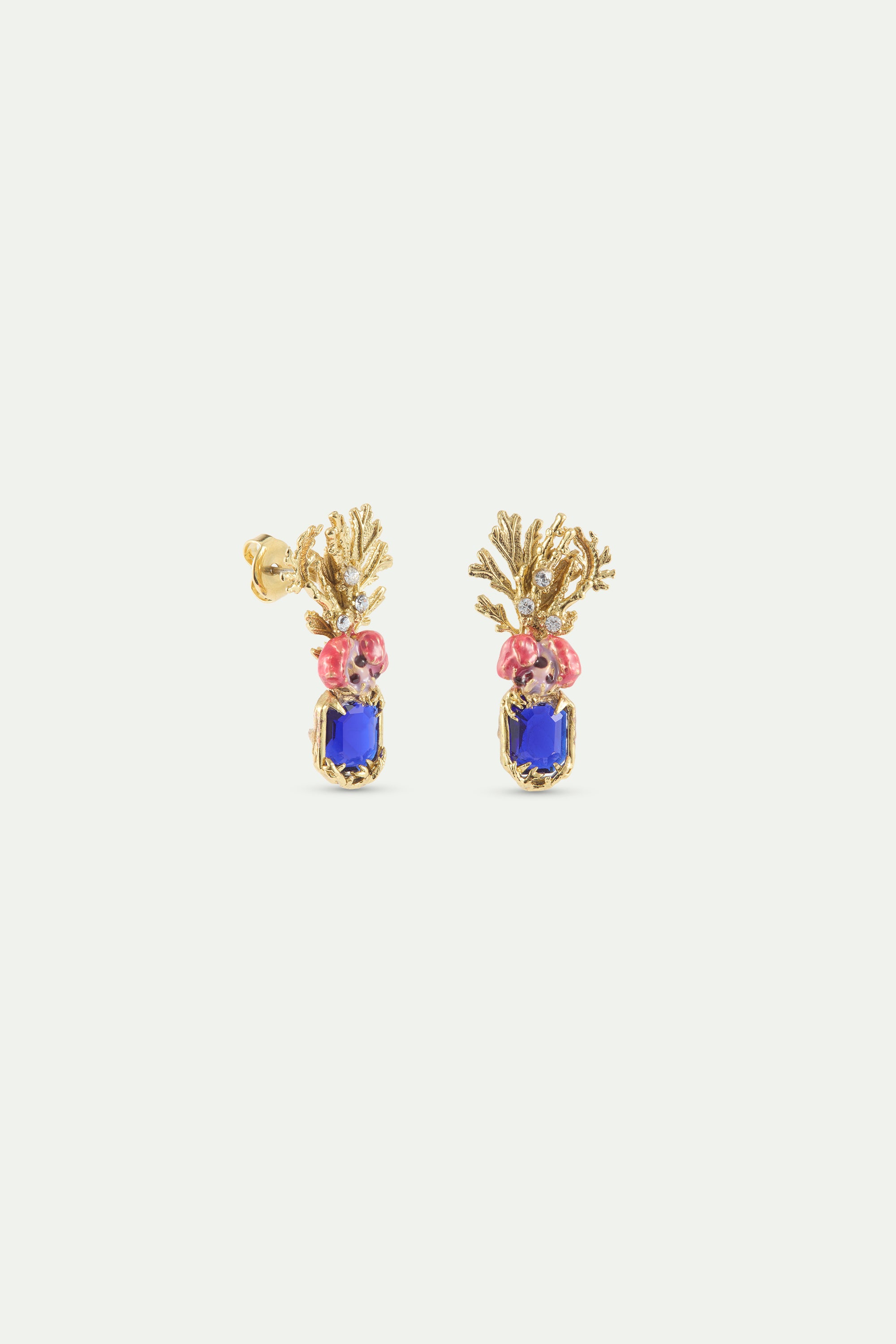 Coral earrings with blue faceted stone, pink flower and golden coral