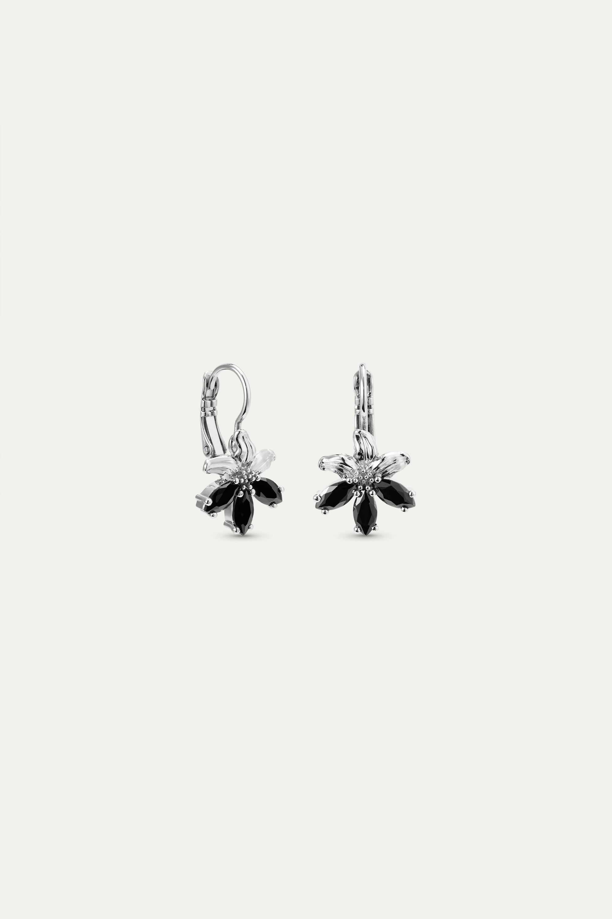 Silver lily and black stone sleeper earrings