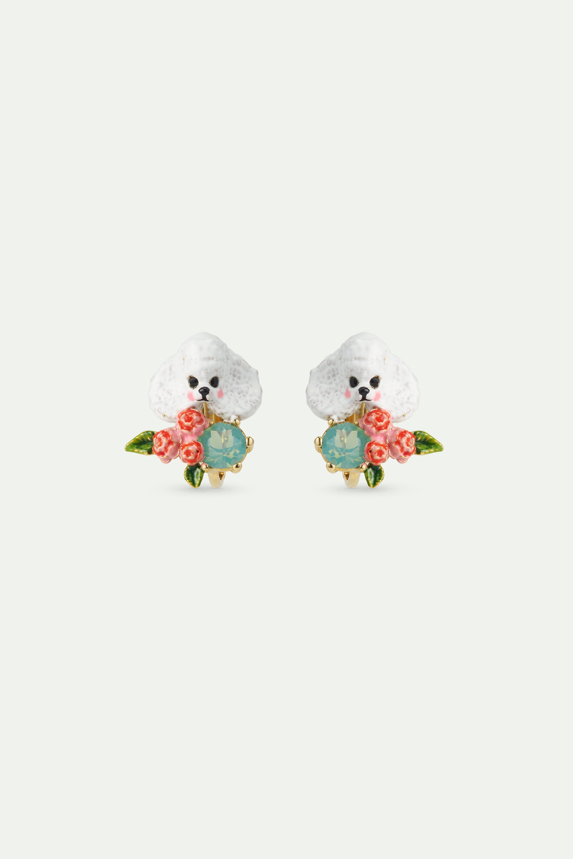 Poodle, pink flowers and blue stone earrings